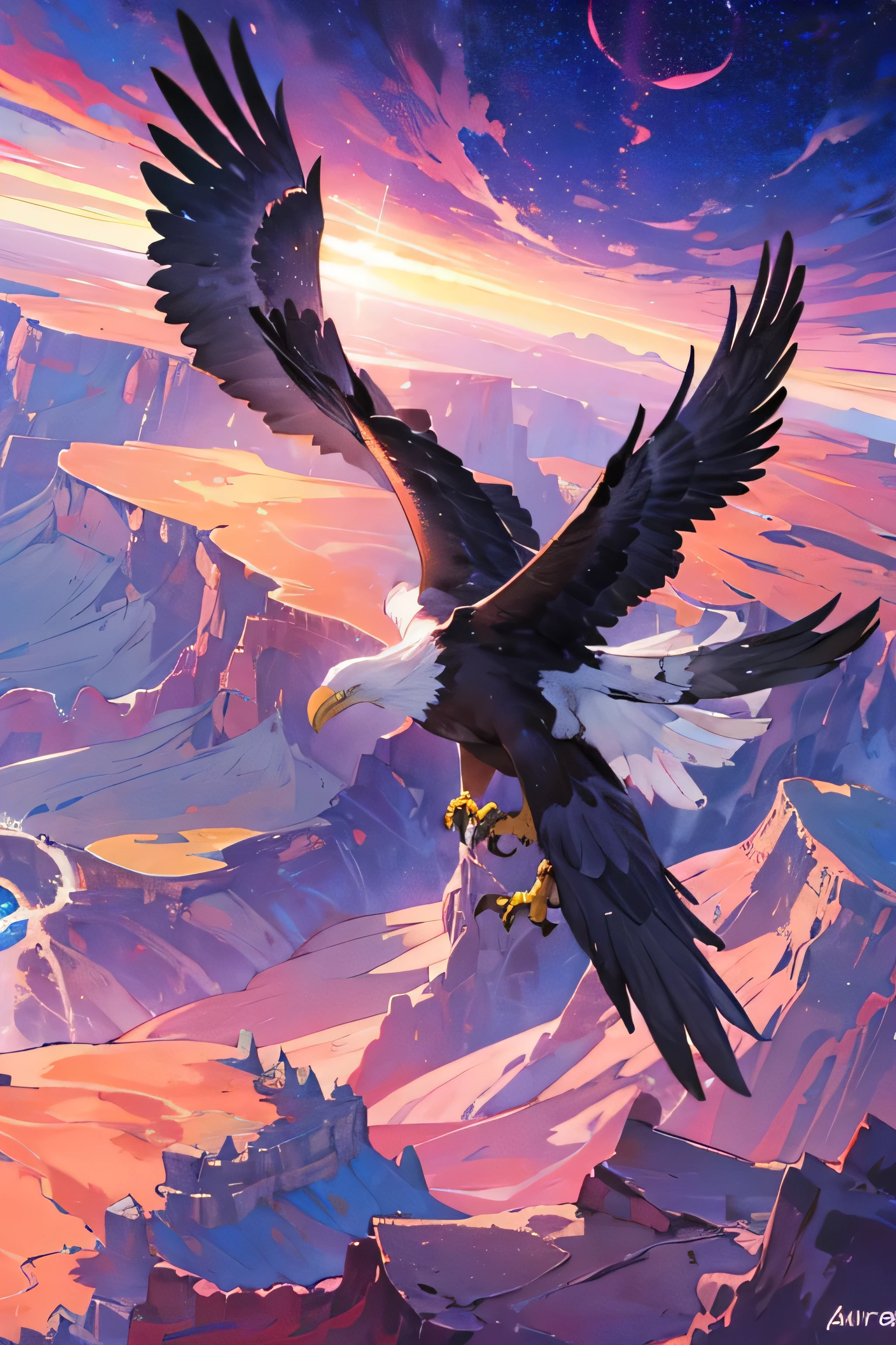 A majestic eagle soaring over the Grand Canyon during at the night with red aura theme splash