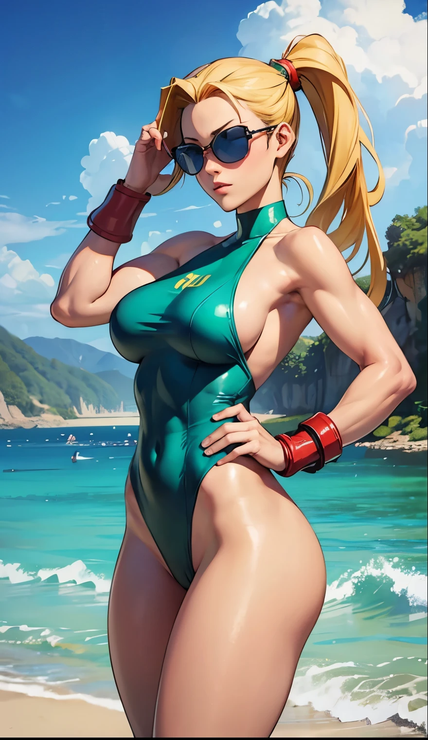 Cammy from Street fighter video game , Very big tits totally nakeD, wearing swimsuit, wearing sunglasses, in the beach