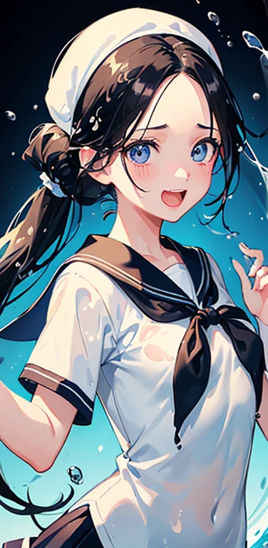 Realistic、1girl、black hair、(forehead:1.3),blue eyes、open stance,(ponytail),(eye focus:1.3,upper body),(gradient eyes:1.3), JK: 1.1,(sailor uniform
)、(Open mouth and laugh out loud:1.3),cute face、,(tareme:1.3),(small breasts:1.3),(colorful splash background:1.5),colorful
