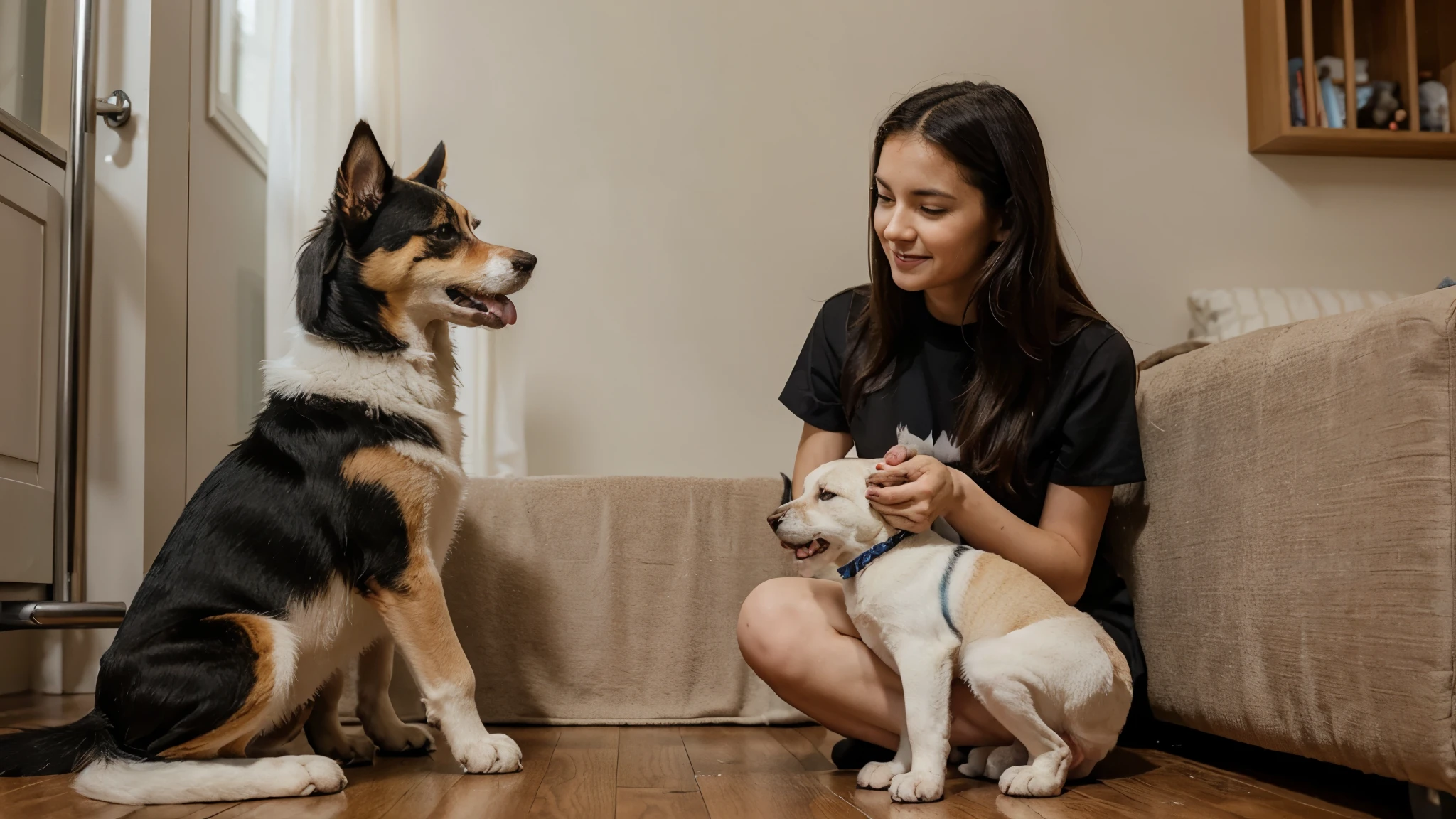 Uma pequena loira chamada Maria brincando com seu cachorrinho Regino em casa.