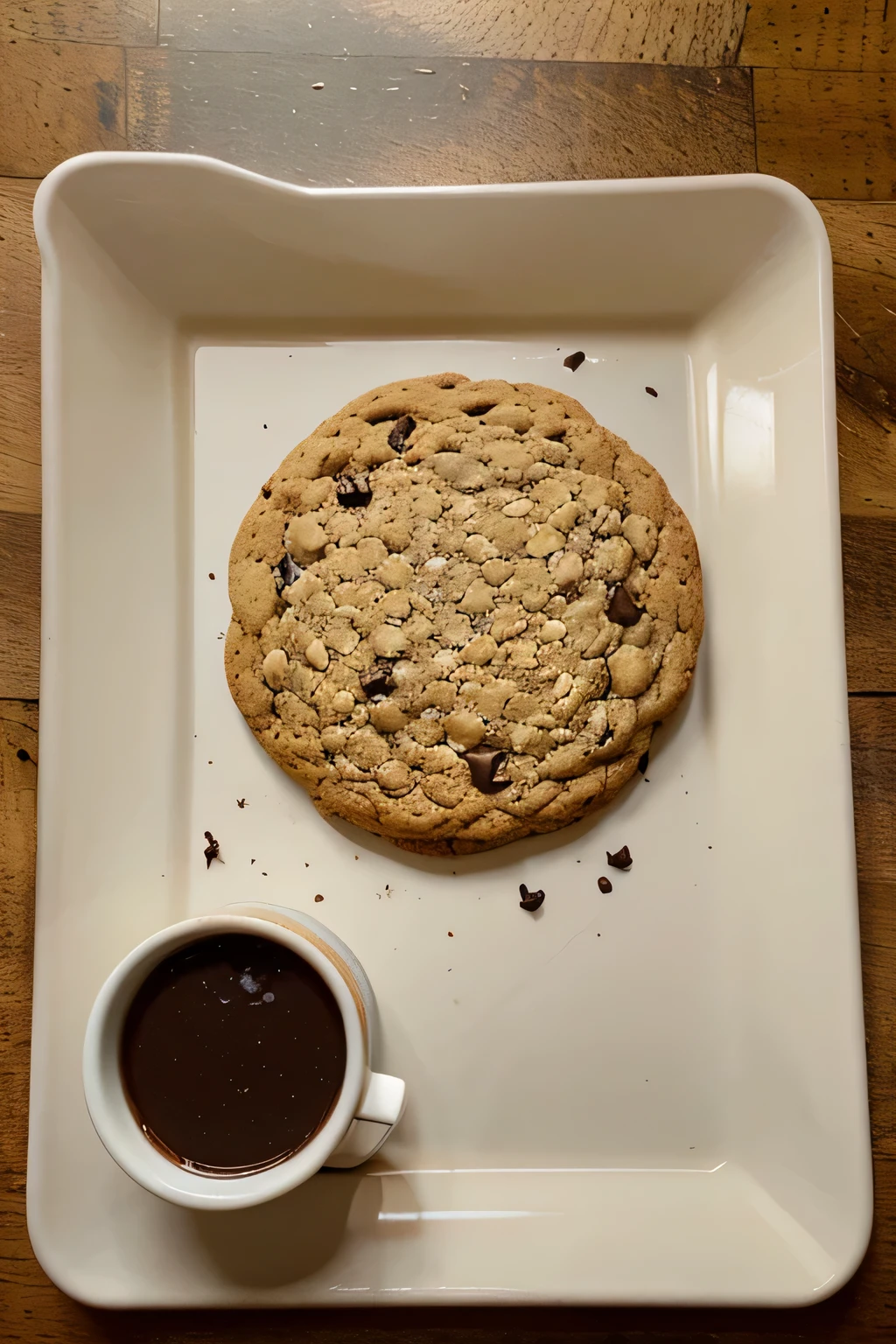 Photograph of oatmeal chocolate chip cookie on a freshly baked tray