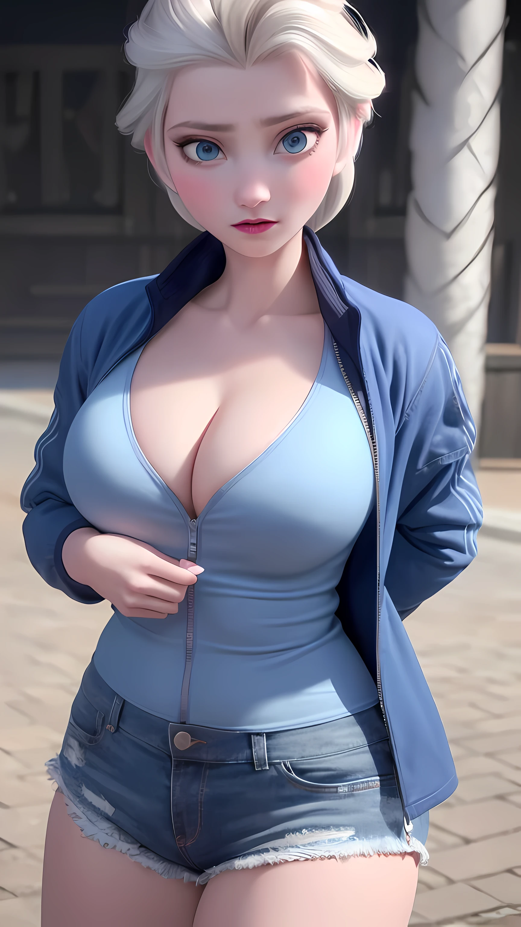 elsa of arendelle, black shirt, white tank top, blouse, cleavage, collarbone, denim, denim shorts, jacket, long sleeves, ((open clothes)), open jacket, partially unzipped, blue jacket, shirt, short shorts, shorts, tank top, track jacket, unzipped, ((large breasts, big hips, tight clothes, cleavage, looking at the viewer)), (abs:0.8), BLUSHED, UNDERBOOB (realistic:1.2), (realism), (masterpiece:1.2), (best quality), (ultra detailed), (8k, 4k, intricate),(85mm),light particles, lighting, (highly detailed:1.2),(detailed face:1.2), (gradients), colorful,(detailed eyes:1.2),(detailed background),detailed landscape, (dynamic angle:1.2), (rule of third_composition:1.3), (Line of action:1.2)