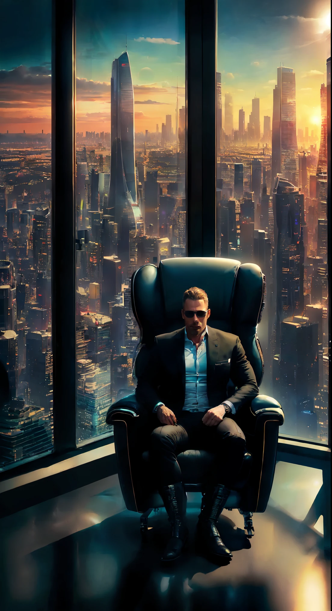office in a skyscraper in a big city, male cyborg sits in a luxurious chair, Heavy men's boots, high quality, absurdity, masterpiece, Beautiful, complex parts, 1/2 body crops, slender body, Beautiful figure, Magnificent Anatomy, (complex parts:1.12), HDR, (complex parts, hyper detail:1.15), (natural skin textures, hyperrealistic, Soft light, spicy:1.2)