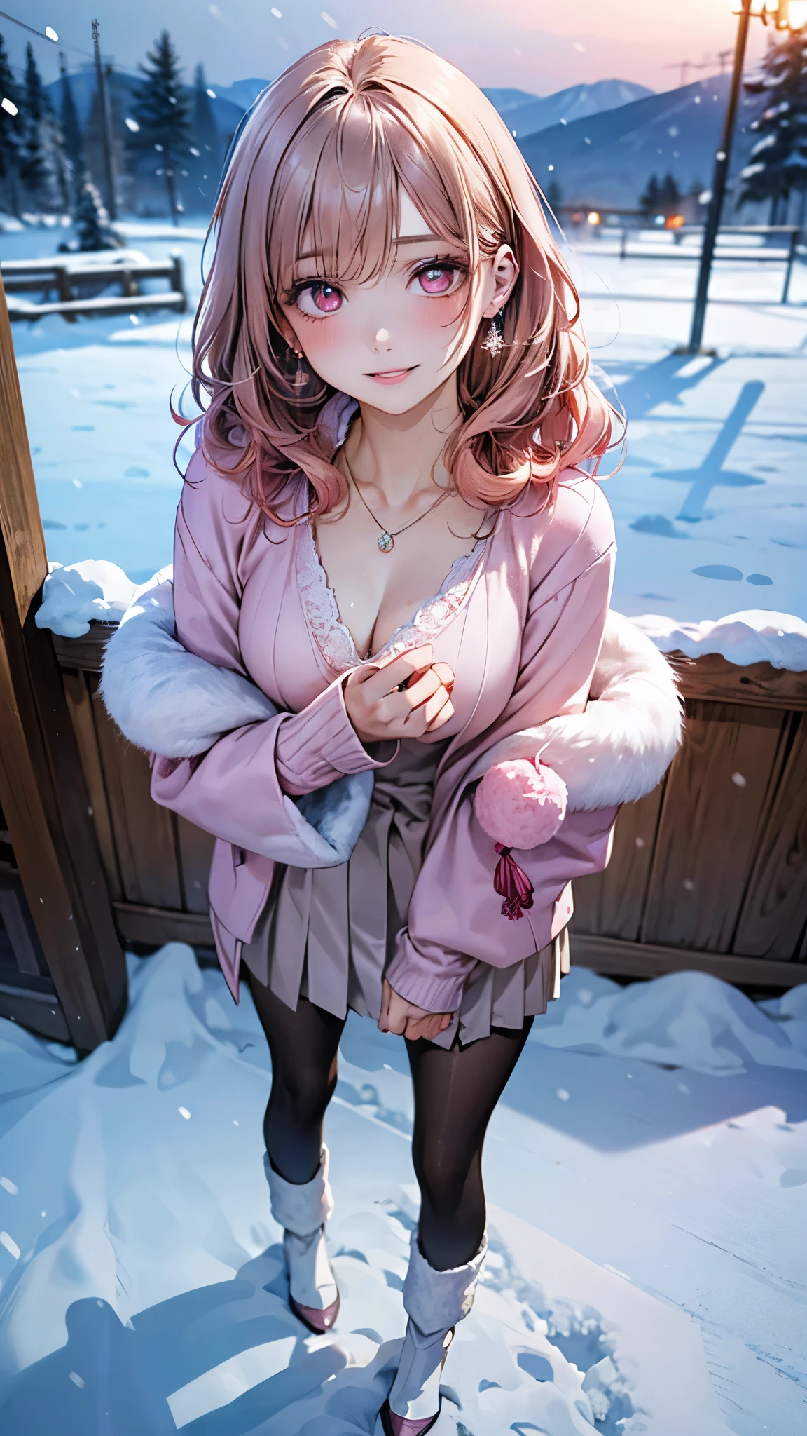 (masterpiece:1.3, top-quality, ultra high res, ultra detailed), (realistic, photorealistic:1.4), beautiful illustration, perfect lighting, natural lighting, colorful, depth of fields,
beautiful detailed hair, beautiful detailed face, beautiful detailed eyes, beautiful clavicle, beautiful body, beautiful chest, beautiful thigh, beautiful legs, beautiful fingers,
looking at viewer, full body, 1 girl, PRİNCESS, perfect face, (perfect anatomy, anatomically correct), cute and symmetrical face, babyface, shiny skin, (tsundere:1.3),
({short hair | long hair}, curly hair, light pink hair), bangs, brown eyes, drooping eyes, long eye lasher, (medium breasts), Slender, hair ornament, lace-trimmed hairband, necklace, earrings,
((pink jacket), sweater, loose socks, ), sleeves past wrists, white headwear, leg warmers, jewelry, Fur trim, pom pom (clothes), socks, pantyhose, long sleeves, white fur-trimmed_boots,
(beautiful scenery), evening, mountain, snow, winter, (snowing:1.2), snowflakes, dynamic pose, (seductive smile, upper eyes, parted lips),Big Breasts、smile