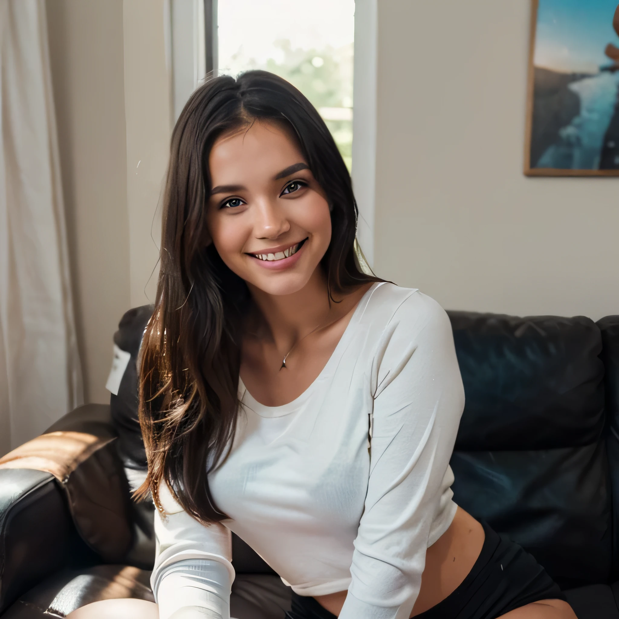 A ultrarealistic full body shot of a 23 year old American girl in celebrating with a cake that has 100 on it wearing a low cut long sleeve shirt and black stretch shorts, flowing dark hair and blue eyes, big happy smile, illuminated by soft light. The background should be a living room, Capture the image with a high-resolution photograph using 85mm lens for a flattering perspective