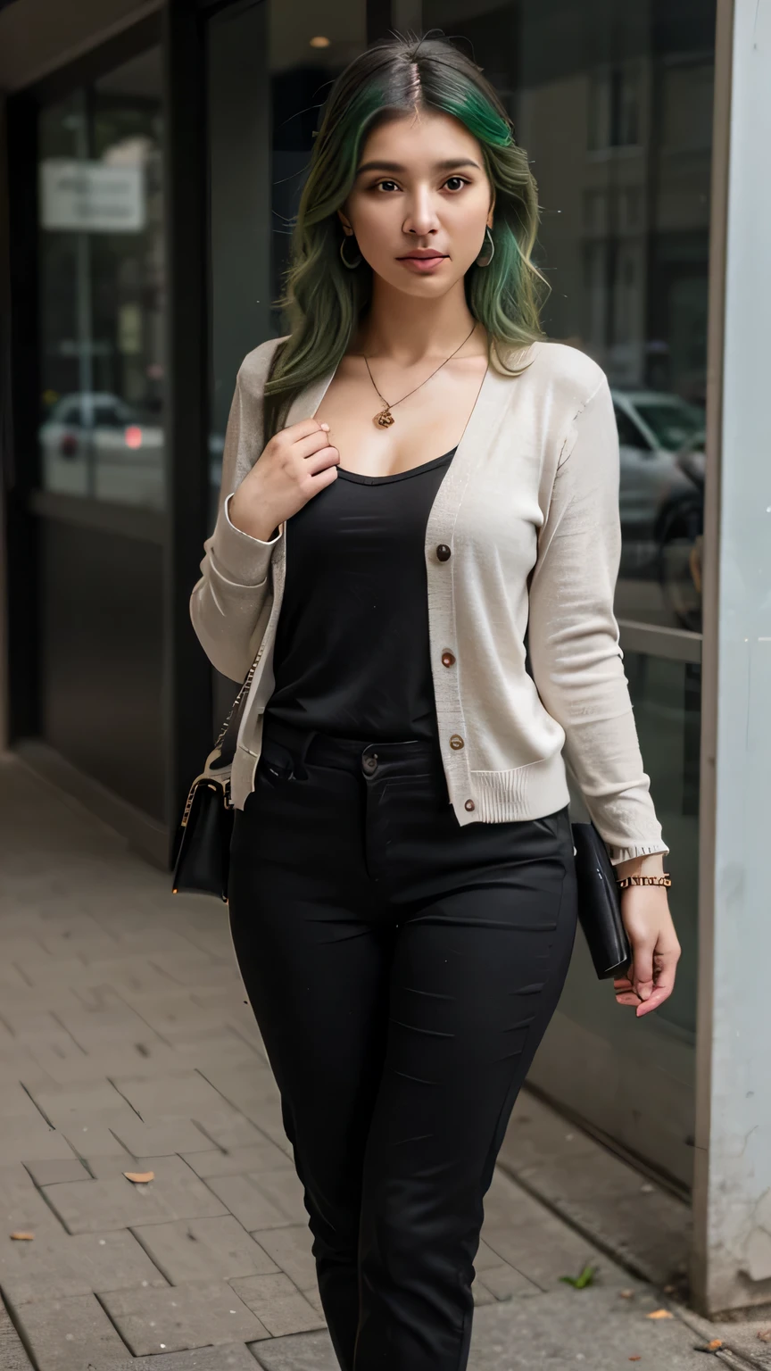 1girls, Nur, green Hair , 24 years old , Black slim and long-sleeved blouse , A stylish cardigan over the blouse , Black skinny fit or slim-fit trousers , High-heeled shoes to wear with the pants , A classic elegant necklace , Classic earrings , classic bracelet , Hair slightly wavy and open.