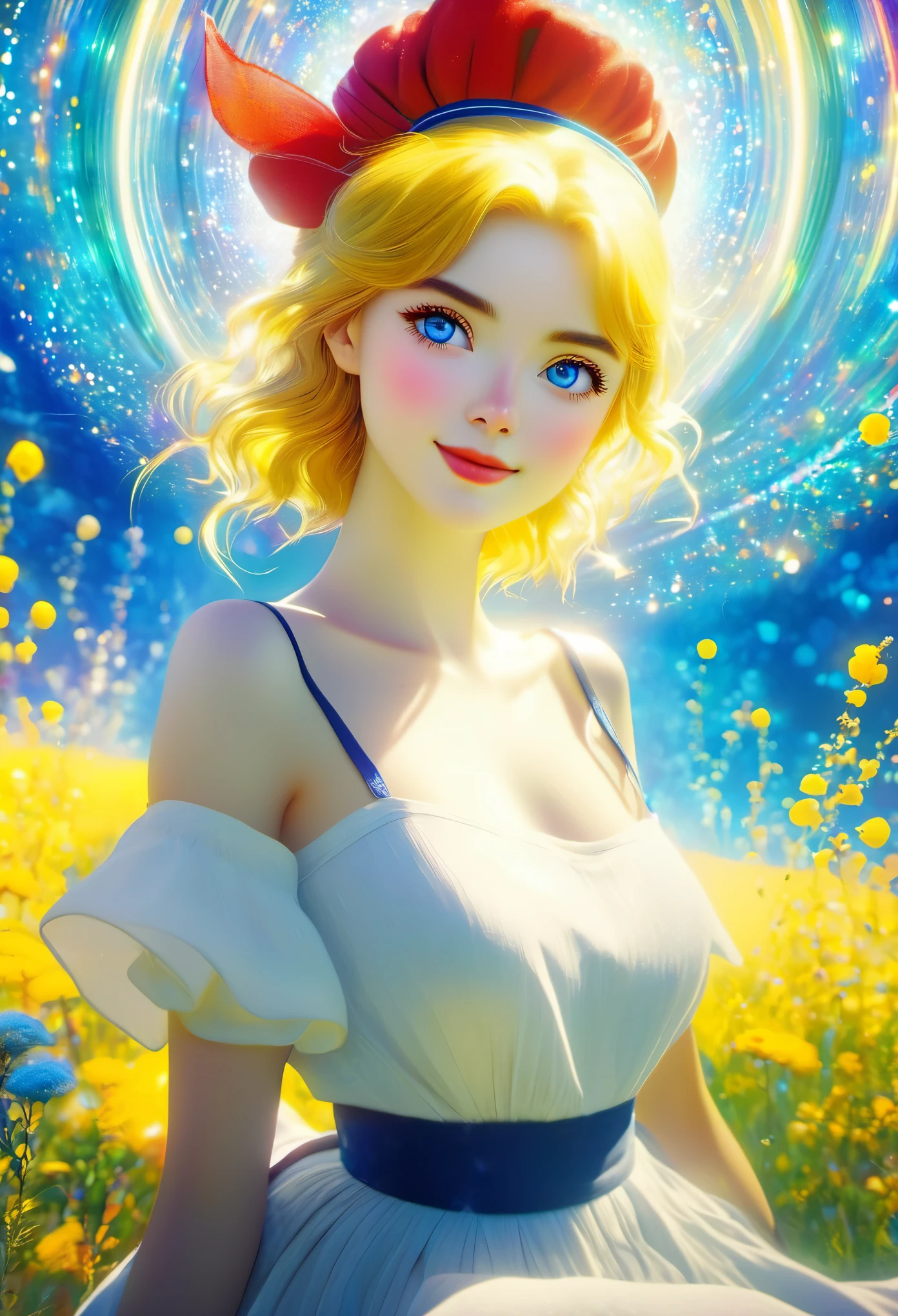beautiful eyes, 1girl, solo, outdoors, blue sky, cloudy, bokeh, lens flare, anamorphic lens flare, depth of field, seductive face, seductive smile, heanna_sumire, yellow hair, red headband((Marc Chagall + Renuir style)), magical naive art, primitivism, protogenes,((Best quality, masterpiece)),
(Higher detail), Impressionism:1.1, 8k
