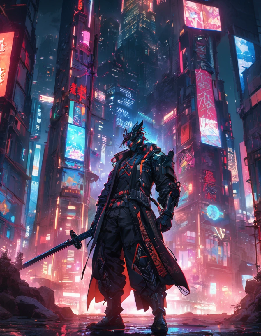 A striking image of the Neon Ronin, a futuristic black samurai clad in a neon-accented suit of armor. He stands tall with his energy-pulsating katana drawn, facing a dark, cyberpunk-inspired cityscape with towering skyscrapers and cascading neon lights. The atmosphere is a blend of traditional Japanese culture and retro-futuristic technology, with a sense of adventure and danger.