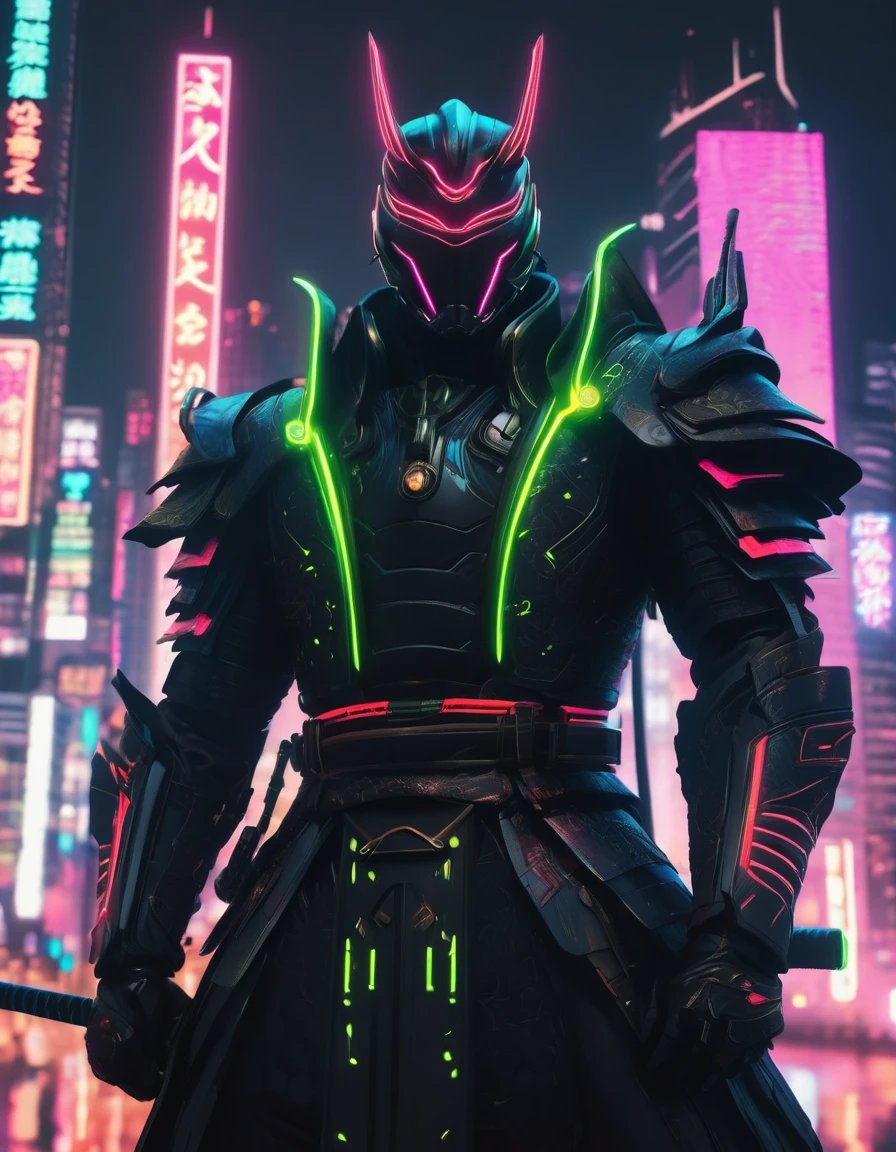 A striking image of the Neon Ronin, a futuristic black samurai clad in a neon-accented suit of armor. He stands tall with his energy-pulsating katana drawn, facing a dark, cyberpunk-inspired cityscape with towering skyscrapers and cascading neon lights. The atmosphere is a blend of traditional Japanese culture and retro-futuristic technology, with a sense of adventure and danger.
