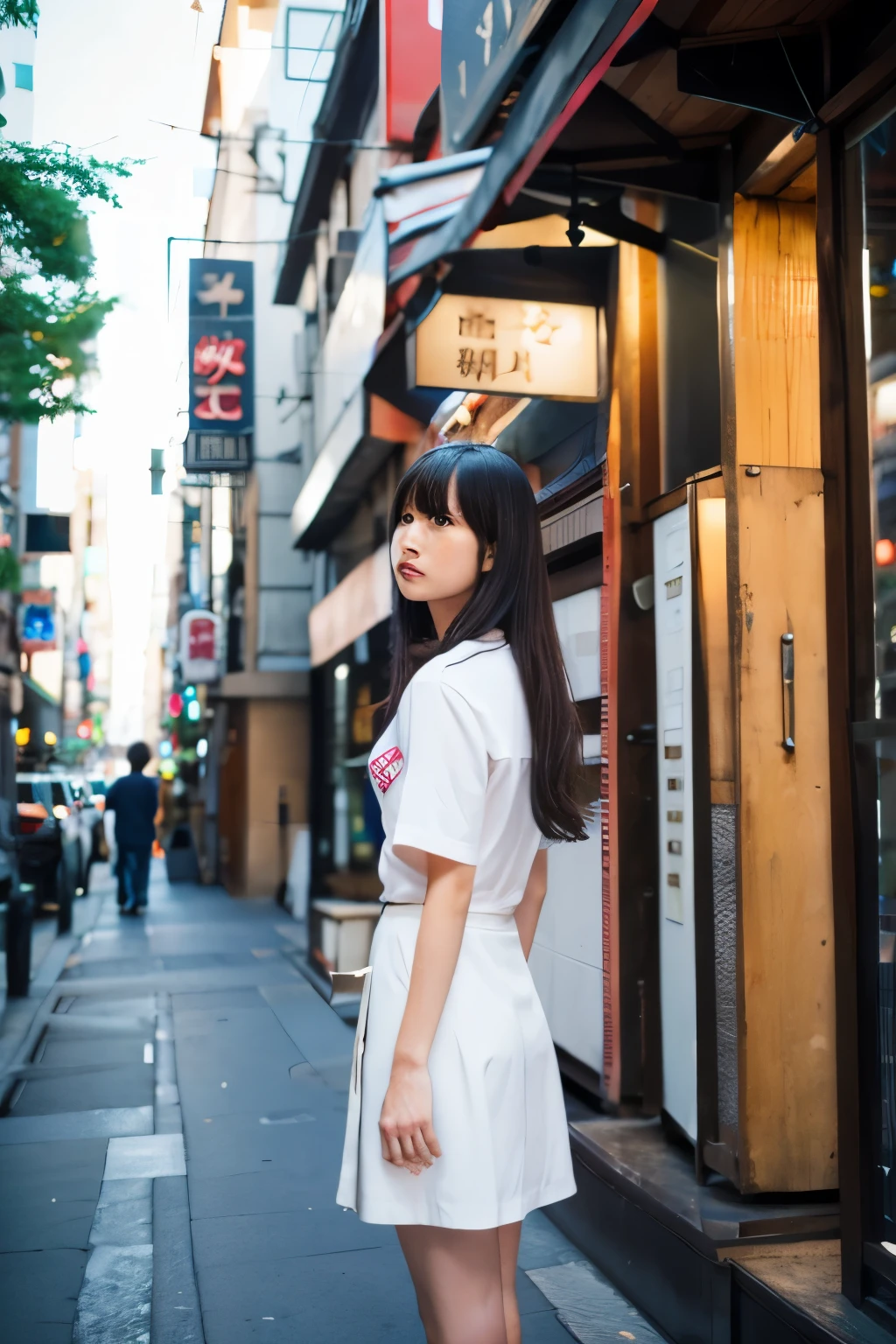 highest quality,masterpiece,(realistic:1.4),Raw photo,(real skin texture_1.3),1 girl,alone,bangs,long hair,whole body、whole、Symmetrical、balance、Uniform face、「background」is as follows：Showa townscape、retro cityscape、Old-fashioned cityscape、すぐ後ろにbackground、backgroundの近くに人物