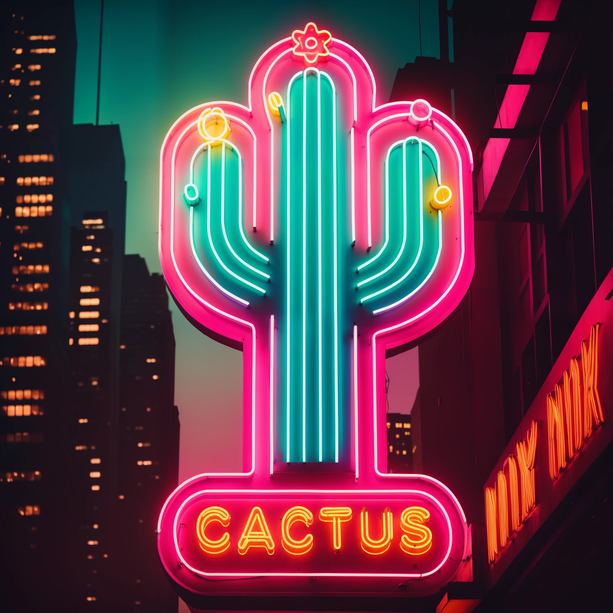 neon cactus sign in the city at night with buildings in the background, gigantic neon signs, colorful neon signs, bright neon signs, neon signs, stylized neon, pink yellow and blue neon signs, neon electronic signs, neon advertisements, cactus, best on adobe stock, neon sign, synthwave neon retrofuturism, neon lights all around, with neon signs, text CACTUS, 