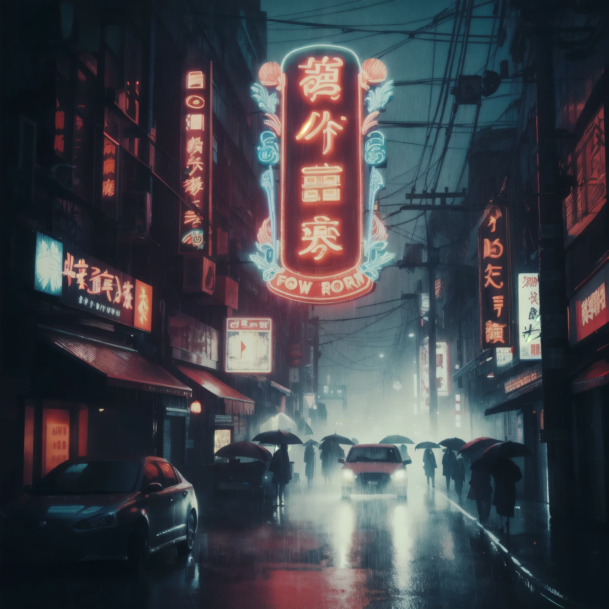 there are many people walking and many cars driving down the street in the rain, china town, misty neon lights, noir atmosphere, hyperrealism, reflection, chinese neon signs on walls, old street in china town, raw photo, 8k