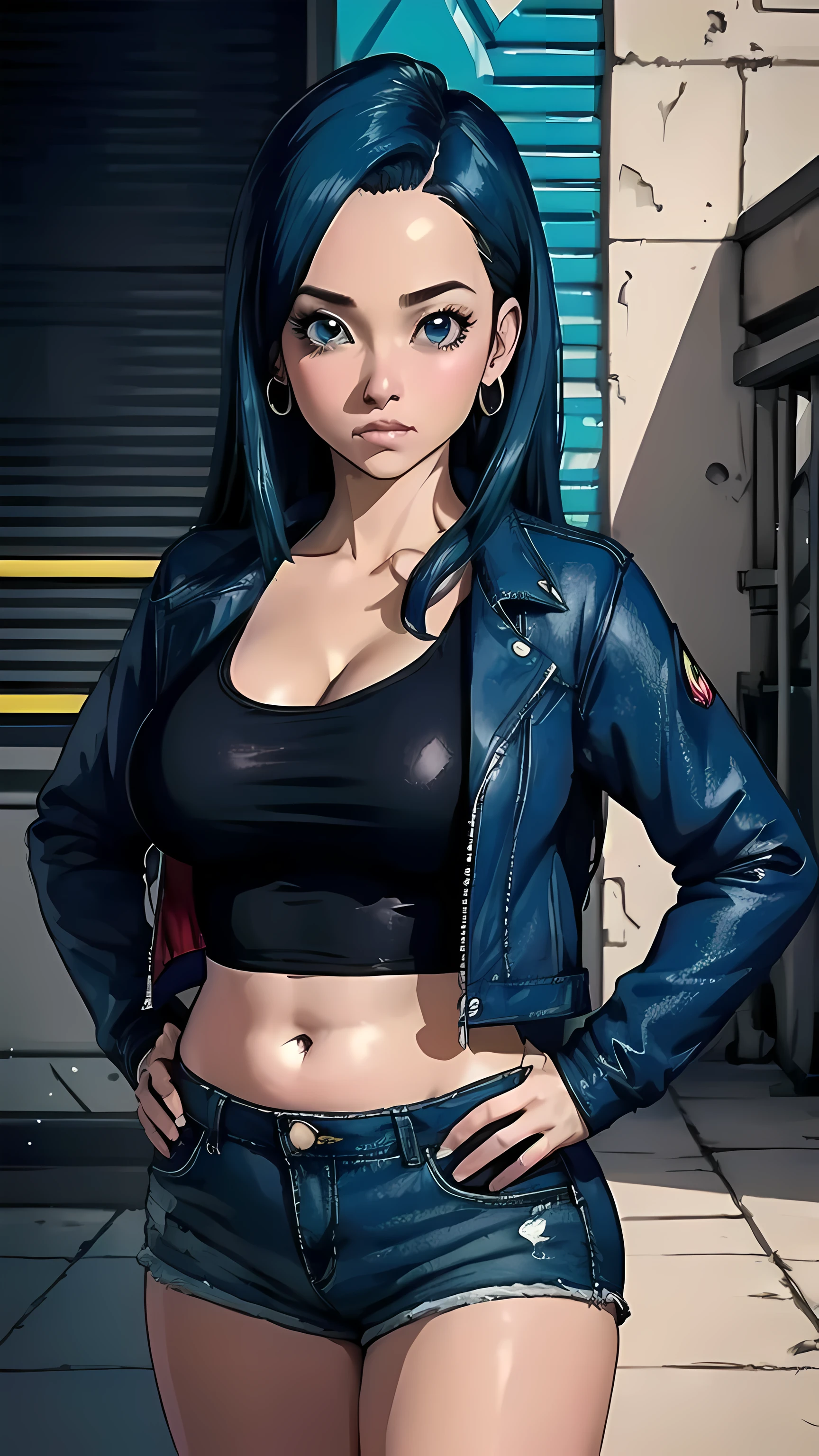 (masterpiece:1.2),( high quality:1.1),
bulla,black shirt, white tank top, blouse, cleavage, collarbone, denim, denim shorts, jacket, long sleeves, ((open clothes)), open jacket, partially unzipped, blue jacket, shirt, short shorts, shorts, tank top, track jacket, unzipped, ((large breasts, big hips, tight clothes, cleavage, looking at the viewer)), (abs:0.8), BLUSHED, UNDERBOOB (realistic:1.2), (realism), (masterpiece:1.2), (best quality), (ultra detailed), (8k, 4k, intricate),(85mm),light particles, lighting, (highly detailed:1.2),(detailed face:1.2), (gradients), colorful,(detailed eyes:1.2),(detailed background),detailed landscape, (dynamic angle:1.2), (rule of third_composition:1.3), (Line of action:1.2)