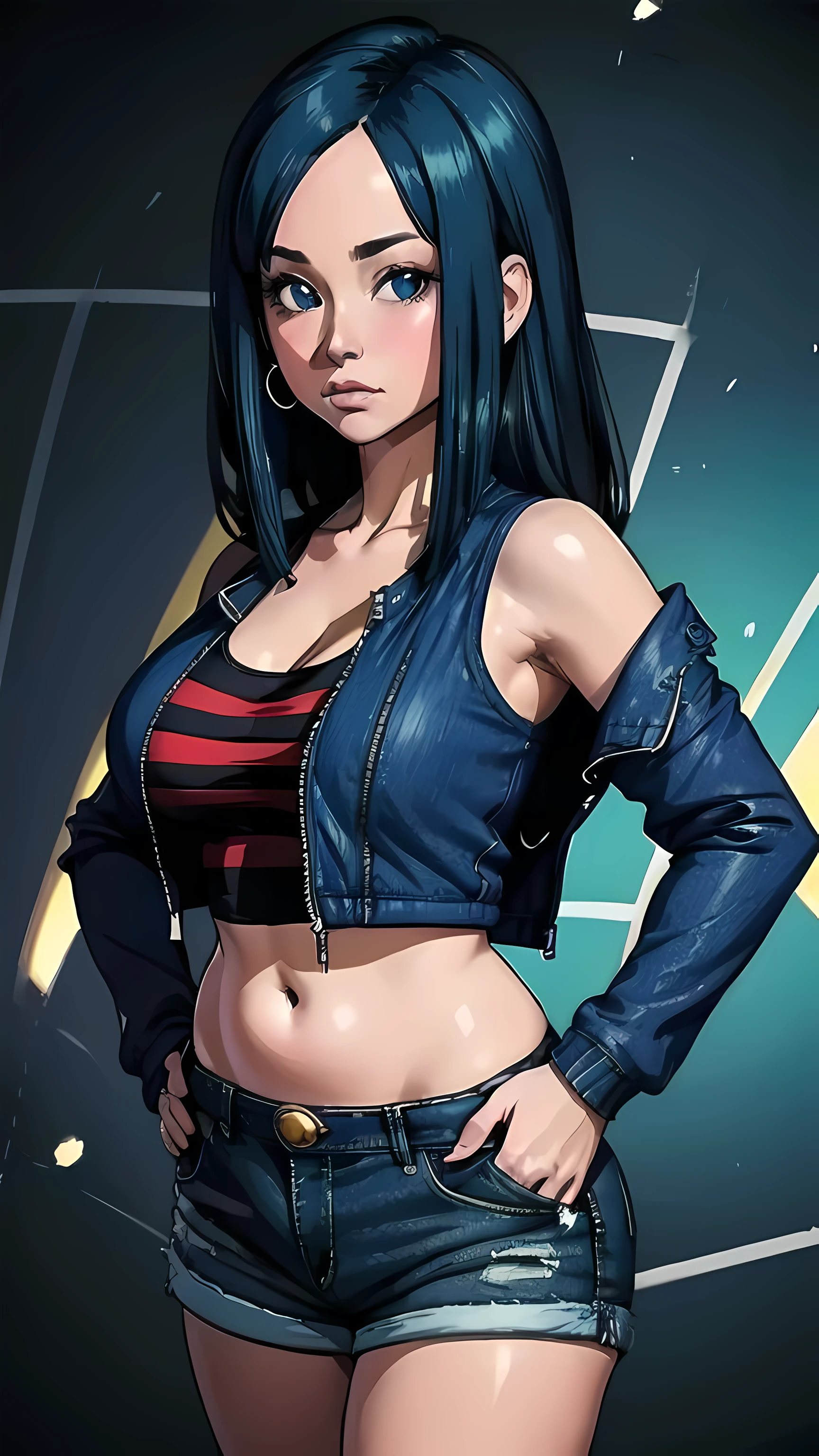 (masterpiece:1.2),( high quality:1.1),
bulla,black shirt, white tank top, blouse, cleavage, collarbone, denim, denim shorts, jacket, long sleeves, ((open clothes)), open jacket, partially unzipped, blue jacket, shirt, short shorts, shorts, tank top, track jacket, unzipped, ((large breasts, big hips, tight clothes, cleavage, looking at the viewer)), (abs:0.8), BLUSHED, UNDERBOOB (realistic:1.2), (realism), (masterpiece:1.2), (best quality), (ultra detailed), (8k, 4k, intricate),(85mm),light particles, lighting, (highly detailed:1.2),(detailed face:1.2), (gradients), colorful,(detailed eyes:1.2),(detailed background),detailed landscape, (dynamic angle:1.2), (rule of third_composition:1.3), (Line of action:1.2)