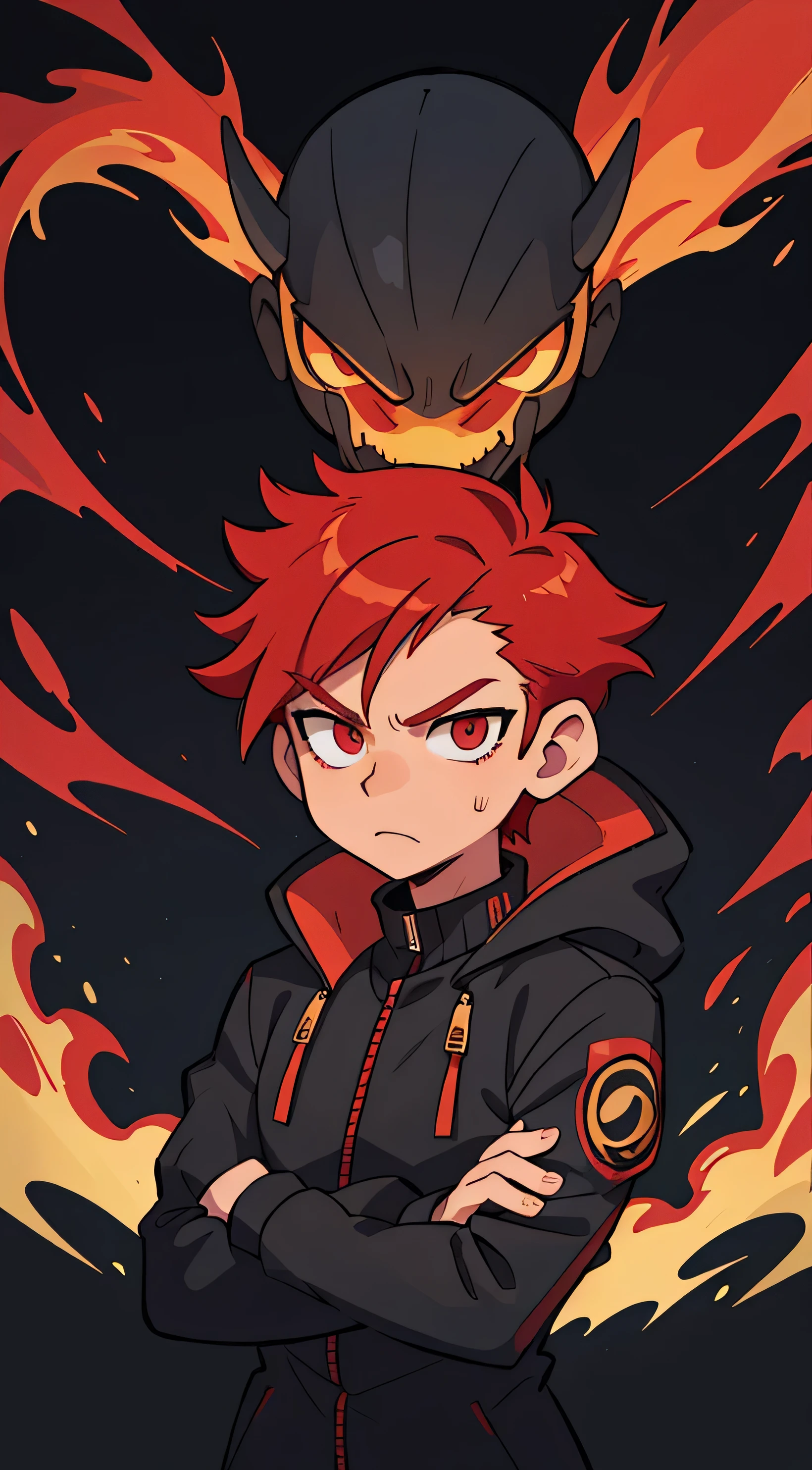male, red hair wearing a black jacket, surrounded by flames, black and gold background