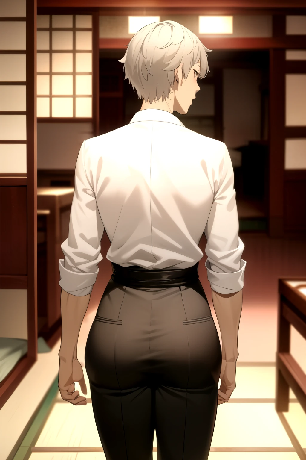 masterpiece, best quality, high quality, 1boy, solo, male focus, looking at viewer, nakajima_atsushi, grey hair, Taisho era, rear view, shows ass, butt