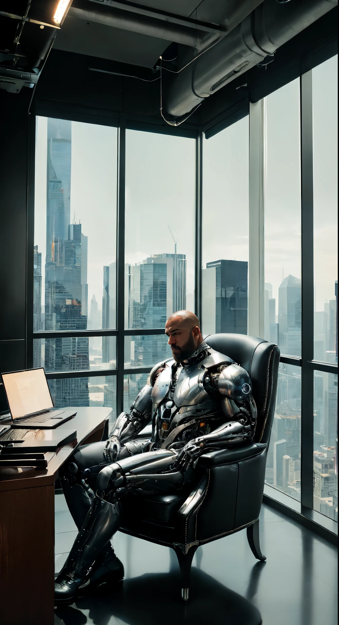 a skyscraper office in the big city, the cyborg man sits in a luxurious chair and holding a smoking cigar in his hand, high quality, absurdres, masterpiece, beautiful, intricate details, 1/2 body crop, slim body, beautiful figure, magnificent ???????, (intricate details:1.12), HDR, (intricate details, hyper-detailing:1.15), (natural skin textures, hyper realisitc, soft light, Sharp:1.2)