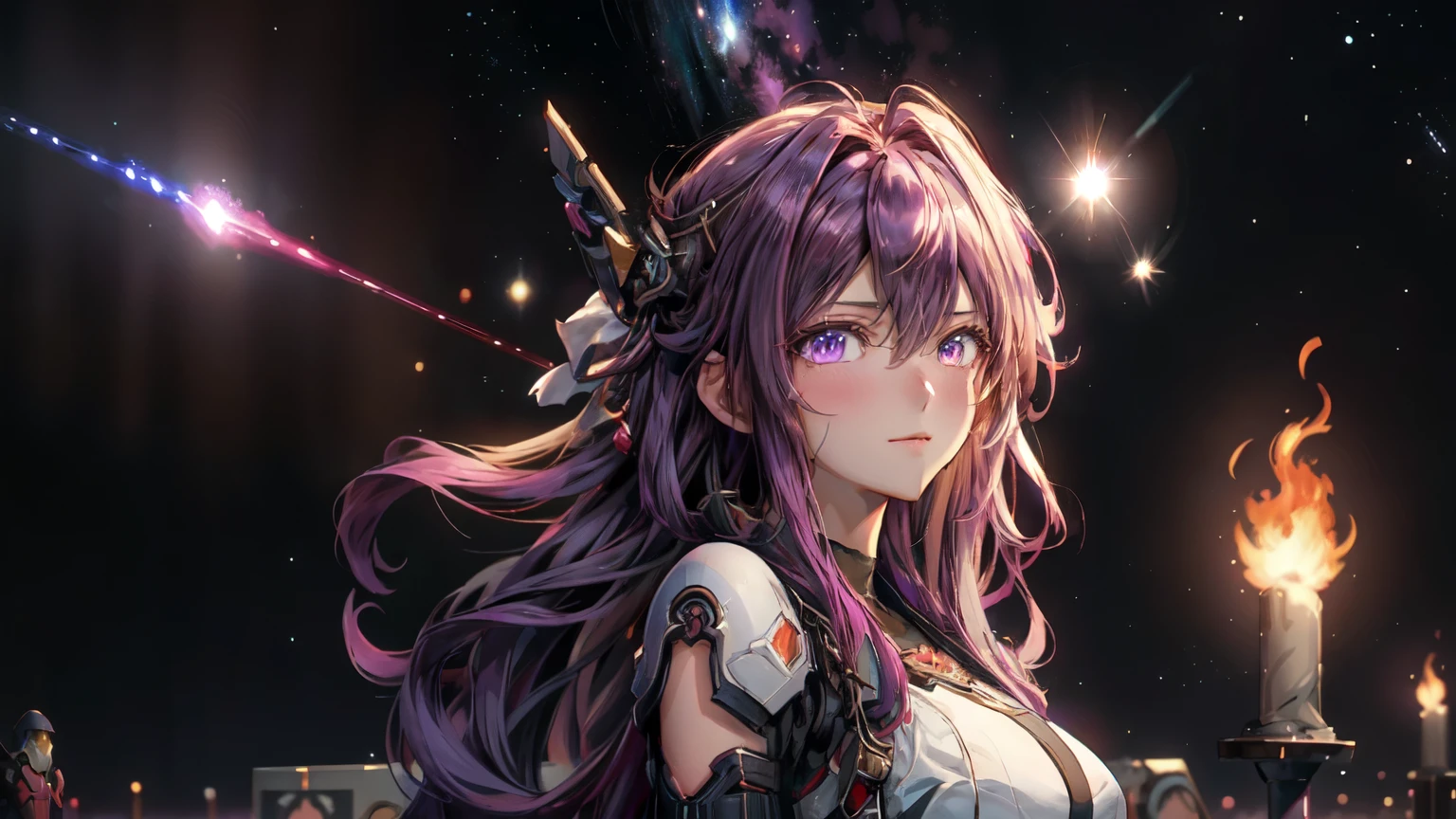 ((Best quality)), ((Meisterwerk)), (detailliert), perfektes Gesicht, hot sexy cute anime girl, long hair, pinkpurple schema, brennender Hintergrund, feuer, nacht mit sternenhimmel, andere dimension, galaxien, ultra details, nice background, extreme beauty, schmuck, 