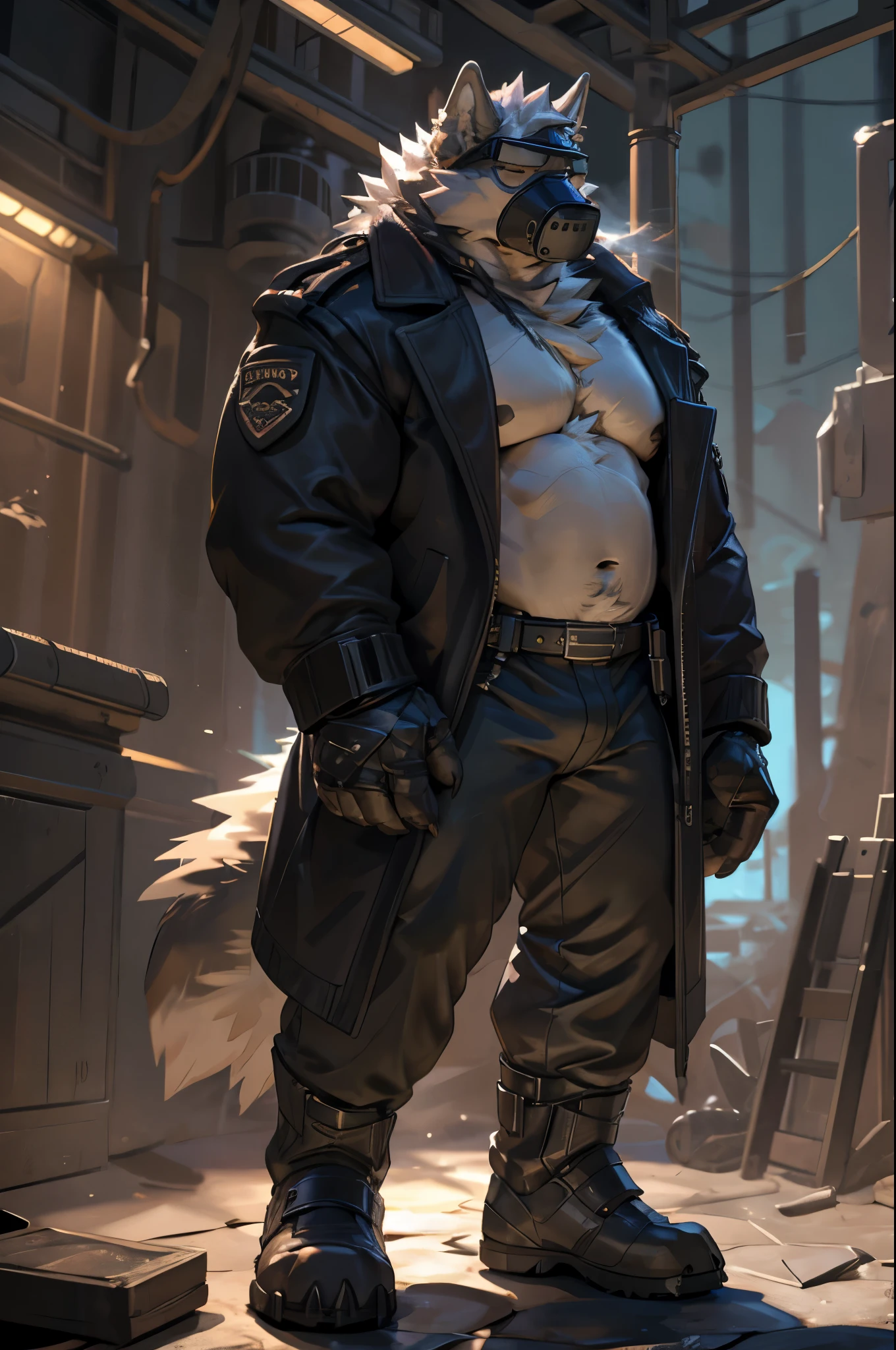 (by taran fiddler), (by darkgem:0.8), (by chunie:1), masterpiece, clothing, coat, trenchcoat, portrait, serious, looking at viewer, (javid:1.2), 4k, ultra detail, full body, grey furry body, male, solo, anthro wolf, detailed gas-mask, mechanical jawline, samurai mask, [gas-mask respirator], [mask respirator], respirator grill , respirator tubes, Von Lycan, face hidden, eyes hidden, gas mask wolf, face covered by respirator, no shirt, [bare-chested][not wearing shirt], [no shirt],furry chest, huge chest, furry stomach, firm stomach, furry body, chiseled furry, detailed goggles, [no eyebrows], welding goggles, dark round sunglasses, dark goggles, black goggles, detailed eye goggles, epic, grey fur, white hair, perfect hands/ gloved hands, arms at sides, metal claw tips, facing camera, very tall, muscular wolf , No Horns, NO hat, towering, hulking tall, huge body, hulk, monstrous, huge muscles, wide shoulders, black leather, wearing a black leather trench coat, WW2 military style coat, long leather coat, [no shirt], black leather gloves, metal finger claws, no insignia, black leather pants, leather straps on pants, black leather boots, long white hair; long perfect white hair, no shirt, corporate security, Resident Evil, face covered, long white hair, waist length hair, dark knight bane, silver buttons, detailed hands, dark, industrial militaristic background (detailed cyberpunk background at night), cyberpunk 