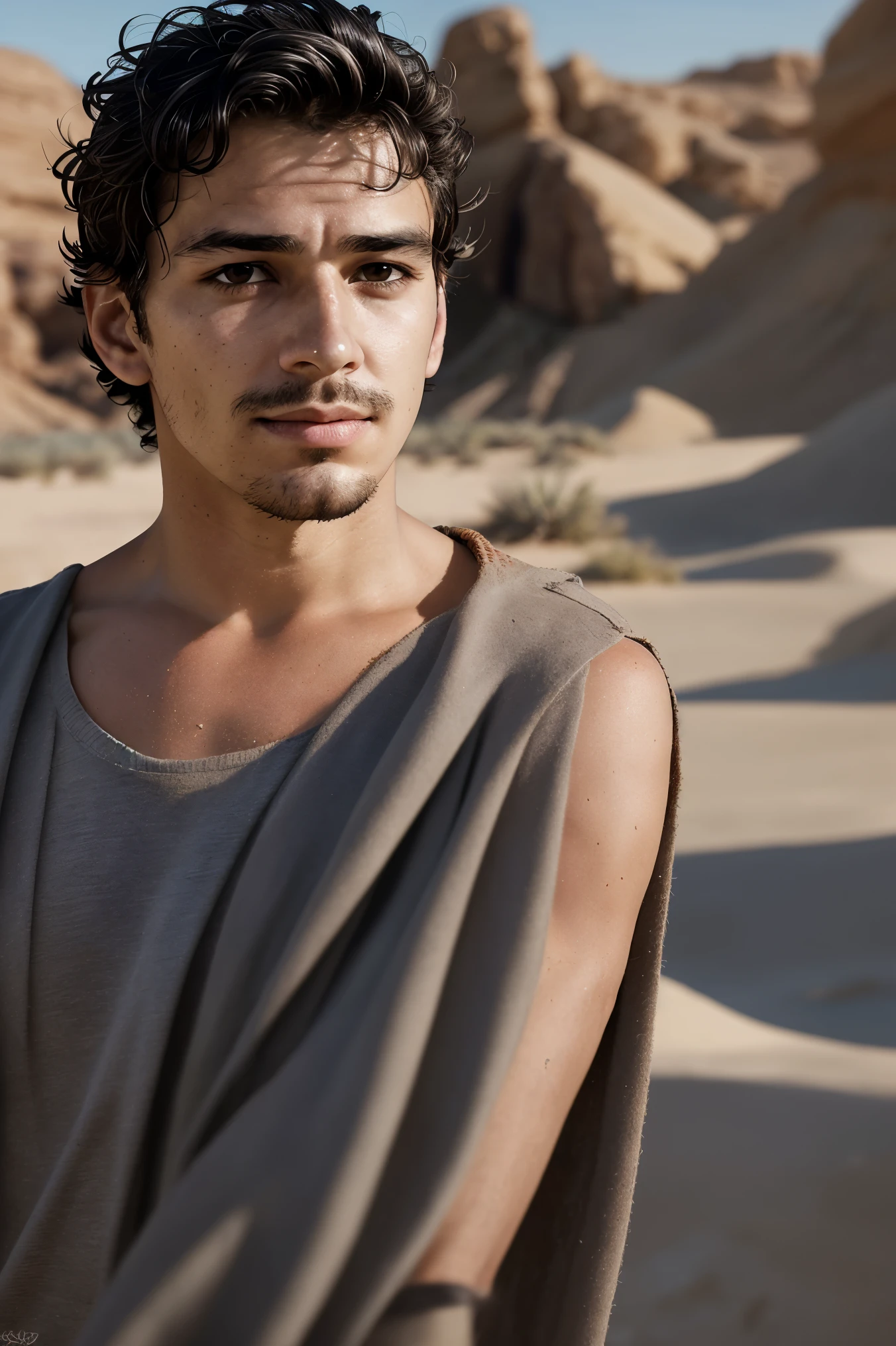 arafed man with a beard and a sweater in the desert, portrait of bedouin d&d, beautiful male face, beautiful young man, high quality portrait, 14 yo berber boy, handsome detailed face, attractive and good looking, rugged face, handsome male, handsome man, detailed portrait shot, young greek man, highly detailed vfx portrait