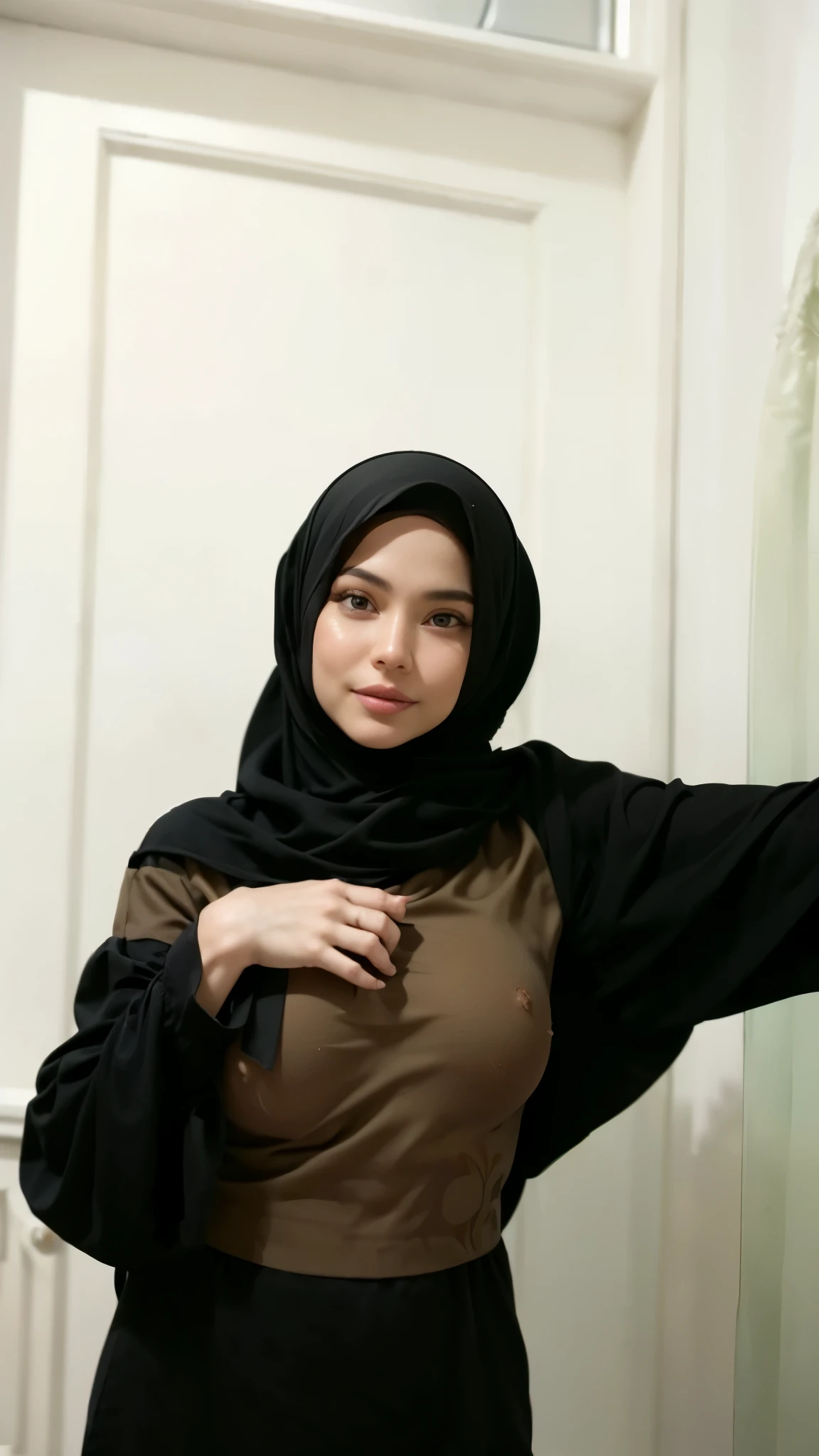 masterpiece, (ultra-high-definition portrait, vignet:1.4), Realistic, extremely detailed, CG unified, 8k, Clean lines, highly detailed, High-definition, raw color photos, she is smiling, Realistic portrait, Cinematic Light, Beautiful detailed, (1hijabgirl, indonesian:1.5), (165cm tall, big breasts with lips like he wants to kiss:1.5), Beautiful big breasts, breasts details, very tight, (Biggorgeous breast, Fish gape:1.5), (fish gape, Big Breast:1.4), Close up of a girl in Beautiful clothes with errected nipple, biggorgeous breast, Soft smile, scarf, (Bombastic Side Eyes with curvaceous body:2), pose 4 of 1 6, Undress, No bra, (nipples that are clearly sticking out detail:1.2), Outdoors, high intricate detailed.
