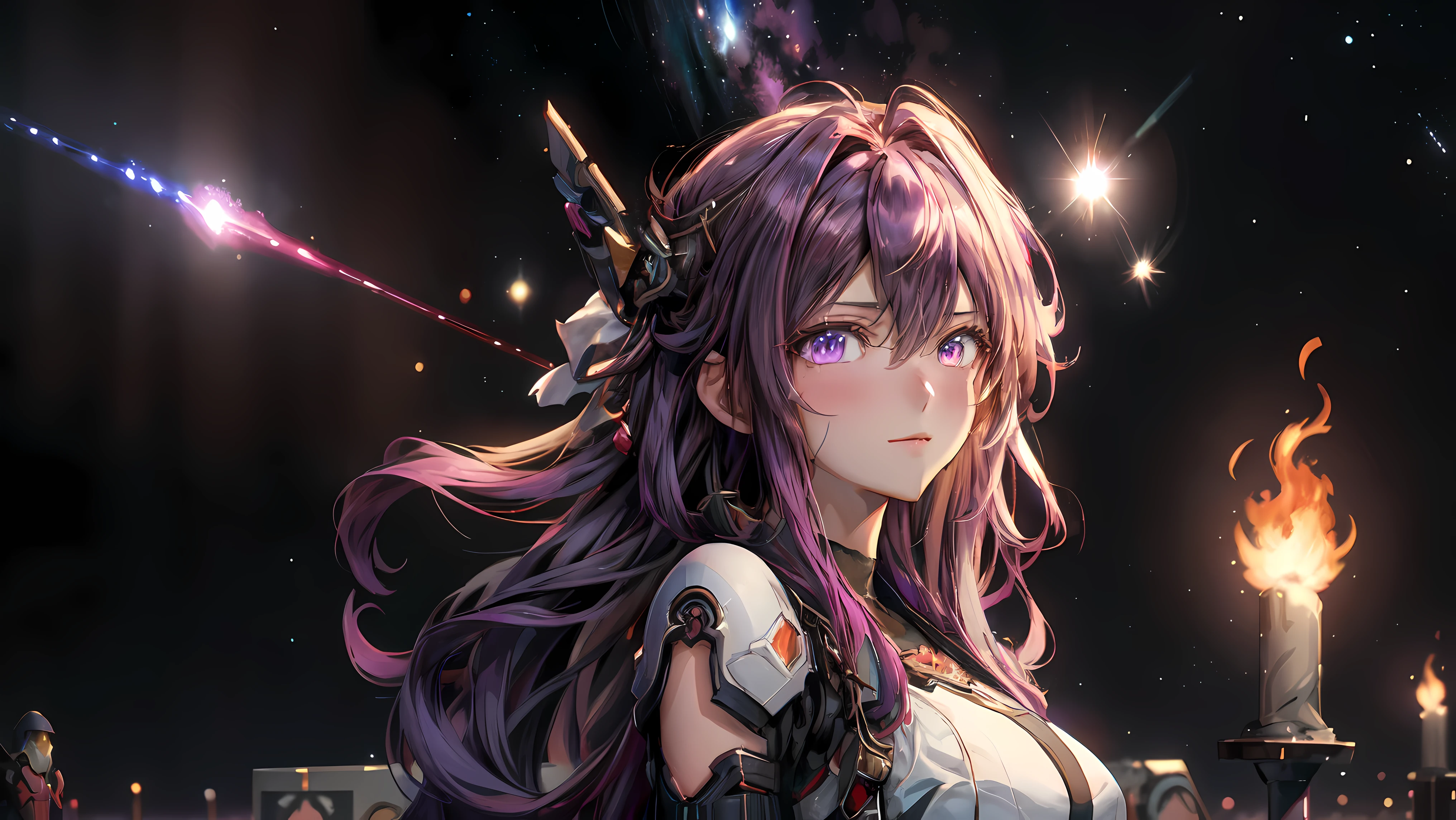 ((Best quality)), ((Meisterwerk)), (detailliert), perfektes Gesicht, hot sexy cute anime girl, long hair, pinkpurple schema, brennender Hintergrund, feuer, nacht mit sternenhimmel, andere dimension, galaxien, ultra details, nice background, extreme beauty, schmuck,