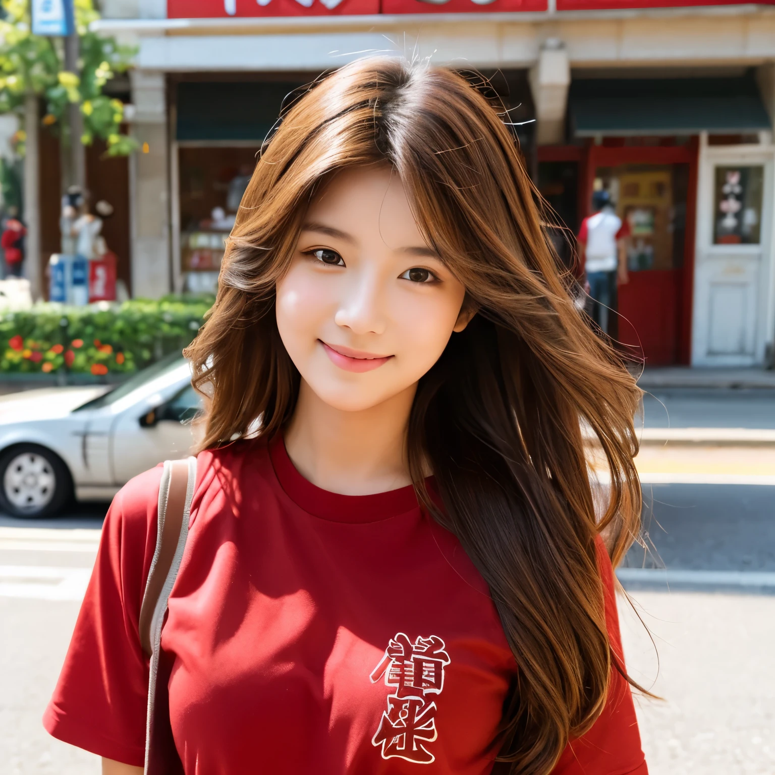 Highest image quality、cute woman、1 person、long hair、brown hair、In town、wearing a red baseball shirt