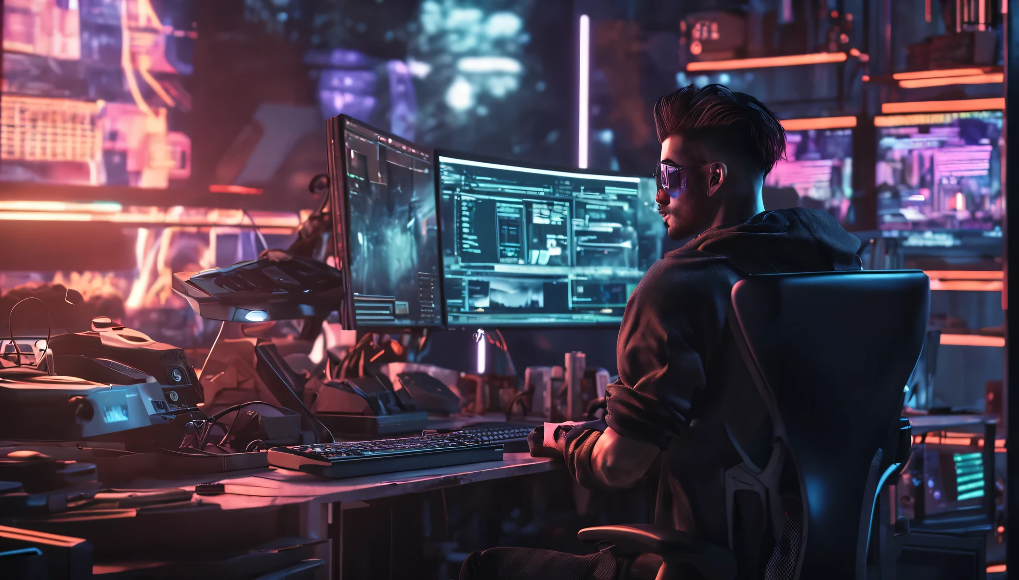 (mesa, da mais alta qualidade, Melhor qualidade, arte oficial, Beautiful and Aesthetic:1.2),(Ciberpunk:1.4) guy in his studio in front of him has his desk , em cima dele, the PC monitor on the left, ) ( your hands relaxing on the table) looking at the camera,