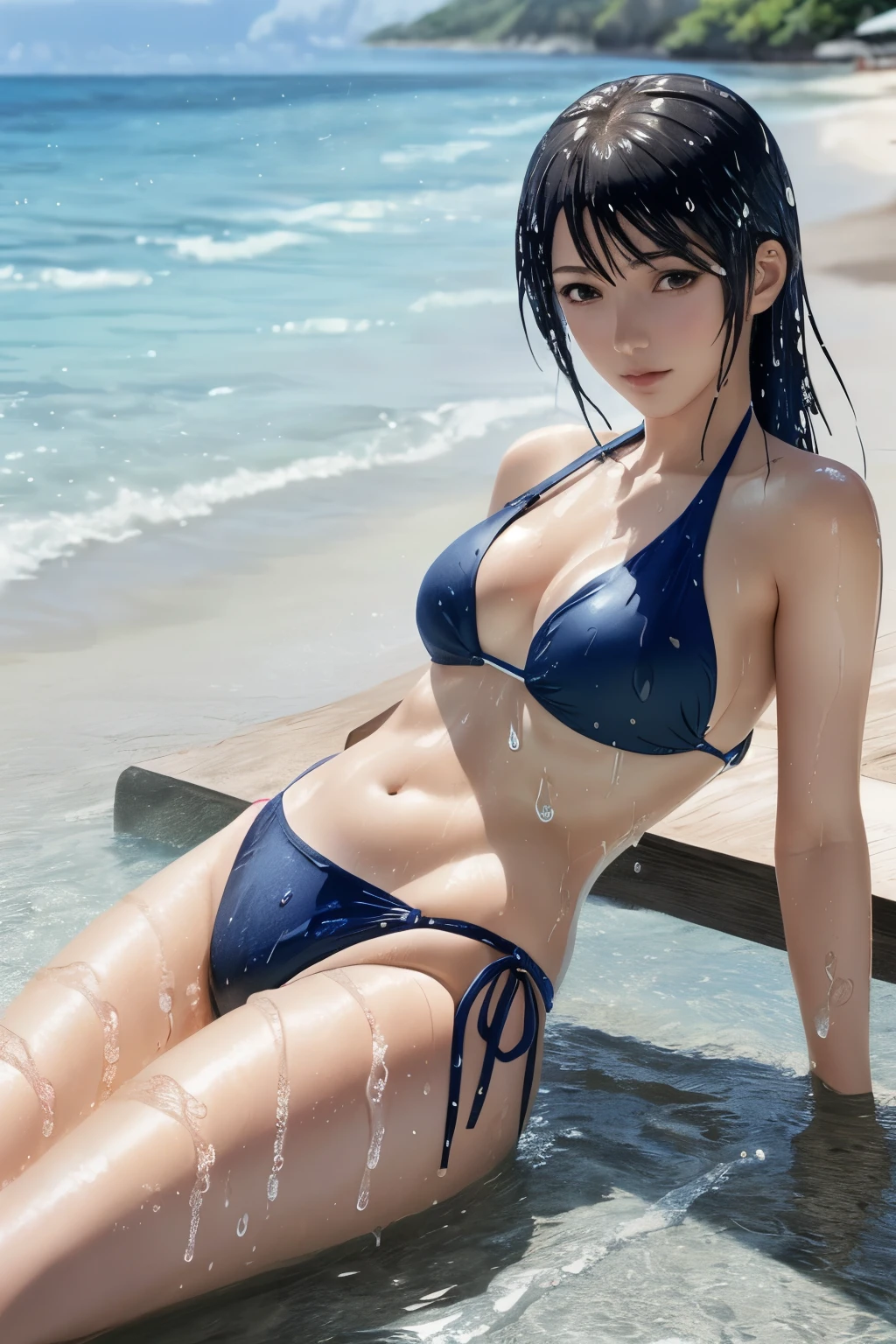 a Woman in swimsuit lying on her back, Seductive anime girls, Wallpaper anime Blue Water, Realistic bikini, wet swimwear, splash Art Anime, Beautiful Attractive Anime Woman, 4K Digital Art, lascivious, High-Definition, Open your legs wide,