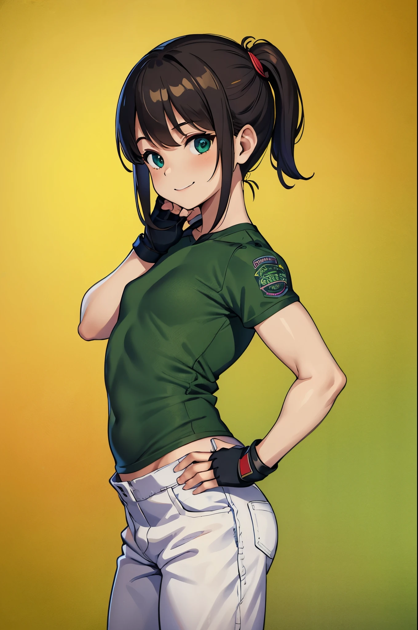 masterpiece, best quality:1.2), expressive eyes, perfect face, highres, 1 girl, solo, (small:1.5),kids, (female:1.5), chris redfield, green taut shirt, white pants, fingerless gloves, smiling, hands to hip, standing, portrait, looking at the viewer,