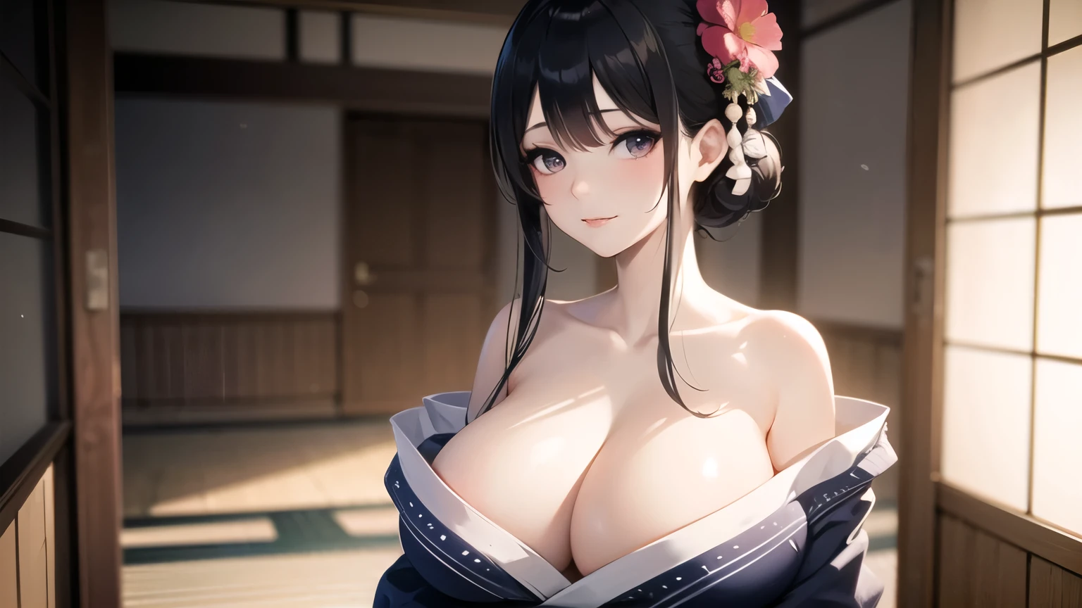 (((masterpiece, best quality))), (((superior quality))), cute girl, ((extremely detailed girl)), (huge breasts), (yukata), (bare shoulders), strapless top, slight smile