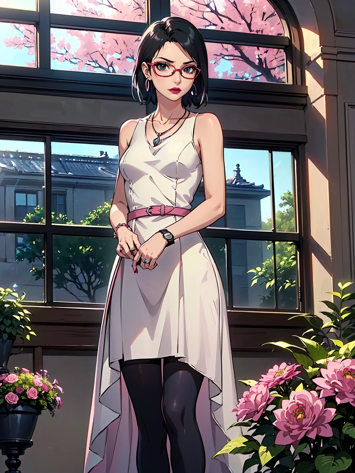 (1girl, solo, alone), (WakatsukiRisa, Sarada Uchiha, black hair, short hair, black eyes, red glasses), ((solo, (1woman, pink lipstick, (small breasts)), Extremely detailed, ambient soft lighting, 4k, perfect eyes, a perfect face, perfect lighting, a 1girl)), austere, (1woman, solo, alone, woman, pink lipstick, wrist watch, wedding ring, hoop earrings, pendant necklace, ((white dress, ((sheath derss)), short dress), light green belt, black tights), (arrogant, front), majestic posture, majestic weight), ((standing, living room, decorated room, large window, flower garden, (facing the viewer), tree-lined garden))