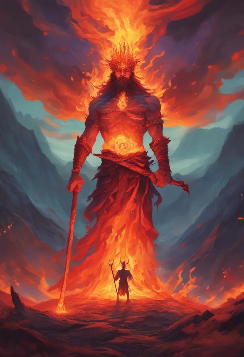 a painting of a man with a staff standing in a lava field, lava and fire goddess, fire elemental, appears as the fire goddess, dan mumford and alex grey style, epic fantasy art style hd, fire goddess, epic fantasy digital art style, epic fantasy art style, fractal thunder dan mumford, 4k fantasy art, detailed digital 2d fantasy art
