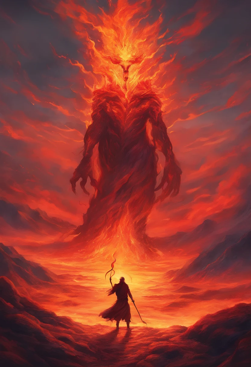 a painting of a man with a staff standing in a lava field, lava and fire goddess, fire elemental, appears as the fire goddess, dan mumford and alex grey style, epic fantasy art style hd, fire goddess, epic fantasy digital art style, epic fantasy art style, fractal thunder dan mumford, 4k fantasy art, detailed digital 2d fantasy art