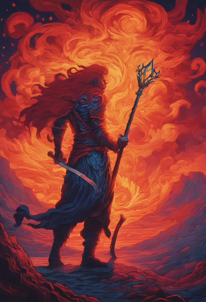 a painting of a man with a staff standing in a lava field, concept art inspired by Dan Mumford, Artstation contest winner, fantasy art, lava and fire goddess, fire elemental, appears as the fire goddess, dan mumford and alex grey style, epic fantasy art style hd, fire goddess, epic fantasy digital art style, epic fantasy art style, fractal thunder dan mumford