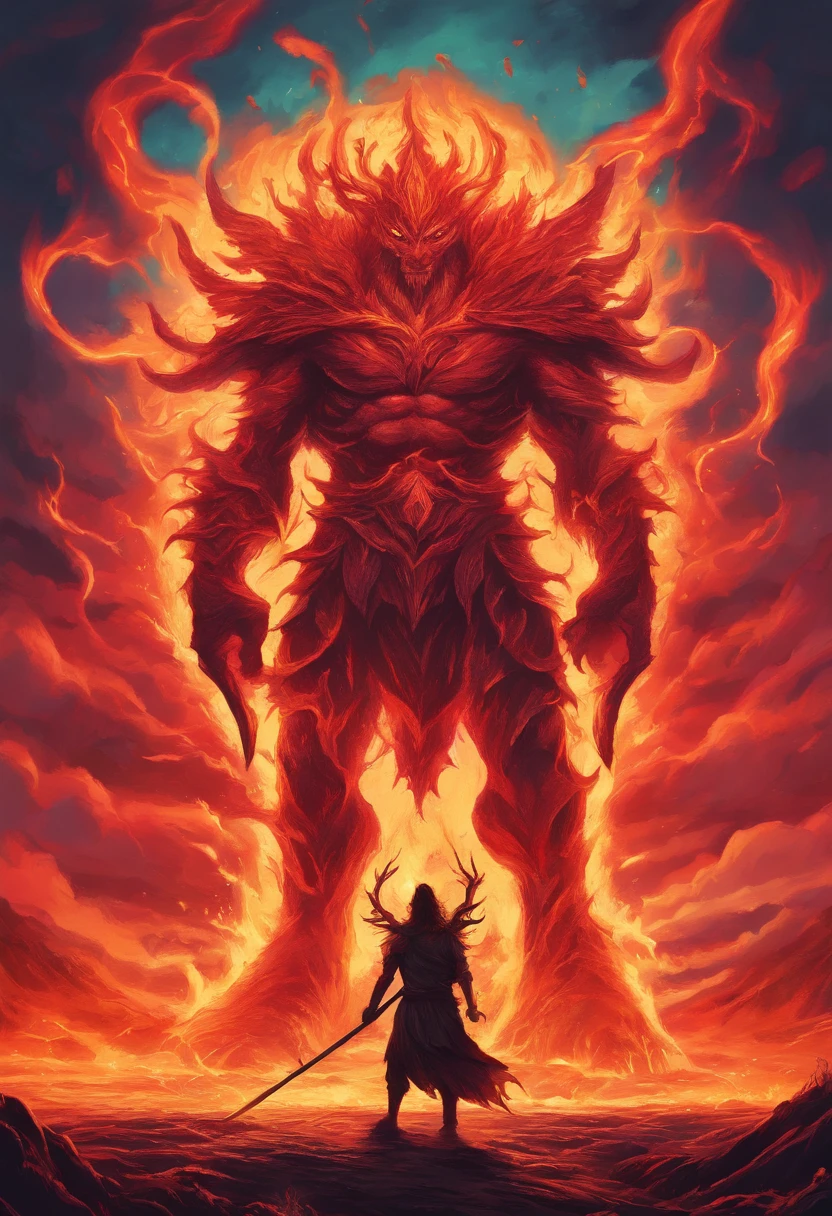 a painting of a man with a staff standing in a lava field, concept art inspired by Dan Mumford, Artstation contest winner, fantasy art, lava and fire goddess, fire elemental, appears as the fire goddess, dan mumford and alex grey style, epic fantasy art style hd, fire goddess, epic fantasy digital art style, epic fantasy art style, fractal thunder dan mumford