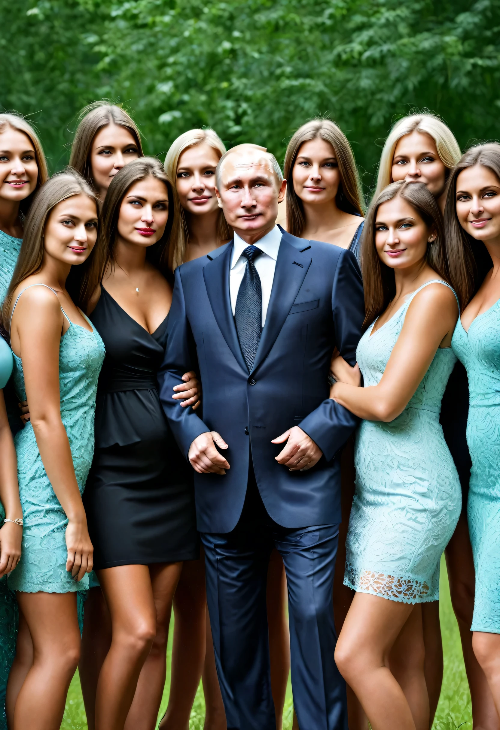 Vladimir Putin surrounded by beautiful adult girls at age 72. Ultra high resolution, photorealistic:1.4, UHD