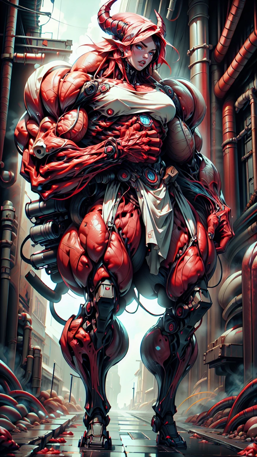Cinematic, clear facial features and insanely detailed, the image captures the essence of (1 girl), (megan fox:1.25), (long red hair), (carnage skinless bio-mecha:1.25), (1 super muscular undead skinless succubus with gigantic horns:1.25), (covered in red necrotic skinless bio-mecha muscle:1.25), (exposed muscles & veins everywhere:1.25), (perfect fingers:1.25) (full body pose:1.25). The color grading is beautifully done, enhancing the overall cinematic feel. Unreal Engine makes her appearance even more mesmerizing. With depth of field (DOF), every detail is focused and accentuated, drawing attention to her eyes and hair. Peak image resolution utilizing super-resolution technology ensures pixel perfection. Cinematic lighting enhances her aura, while anti-aliasing techniques like FXAA and TXAA keep the edges smooth and clean. Adding realism to the muscular bio-mecha succubus , RTX technology enables ray tracing. Additionally, SSAO (Screen Space Ambient Occlusion) gives depth and realism to the scene, the girl's presence even more convincing. In the post-processing and post-production stages, tone mapping enhances the colors, creating a captivating visual experience. The integration of CGI (Computer-Generated Imagery) and VFX (Visual Effects brings out her demonic features seamlessly . Incredible level of detail, with intricate elements meticulously crafted, the artwork hyper maximalist and hyper-realistic. Volumetric effects add depth and dimension, with unparalleled photorealism. 8k resolution rendering ensures super detailed visuals. The volumetric lighting adds a touch of magic, highlighting her beauty and aura in an otherworldly way. High Dynamic Range (HDR) tech makes the colors pop, adding richness to the overall composition. Ultimately, this artwork presents an unreal, yet stunningly real portrayal of an incredibly beautiful bio-mecha succubus girl. The sharp focus ensures that every feature is crisply defined, creating a captivating presence. (girl face:1.45)