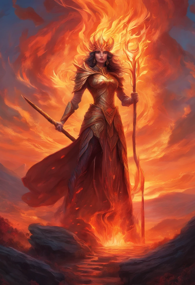 a painting of a fire elemental with a staff standing in a lava field, concept art inspired by Dan Mumford, Artstation contest winner, fantasy art, lava and fire goddess, fire elemental, appears as the fire goddess, dan mumford and alex grey style, epic fantasy art style hd, fire goddess, epic fantasy digital art style, epic fantasy art style, fractal thunder dan mumford