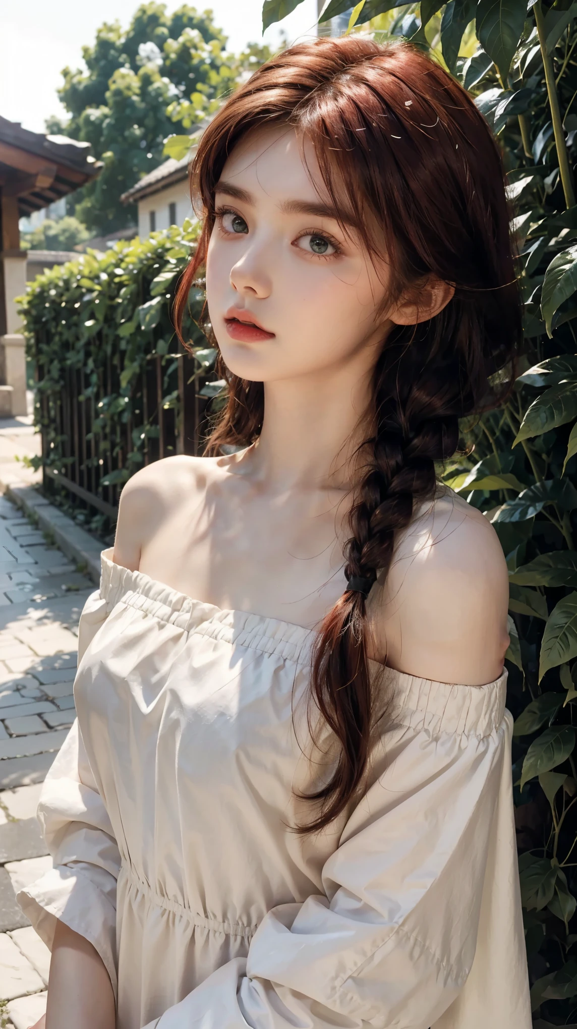 best quality, masterpiece, red hair, green eyes, white cloth, off shoulder, looking up, upper body, hair strand, Fair skin, side braid, bokeh, extremely high resolution, perfect girl, adorable face, 16 year old, front face