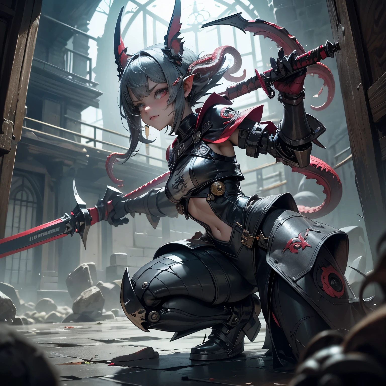 Aegis shield Robot steampumk Girl Automaton, mecanismos sombrios, uma Arma Mangual Aberrante repousa, A nightmare creation ready for action. This mangrove weapon is a grotesque monstrosity, with twisted tentacles that form the extension of the weapon. Each tentacle ends in an eyelid with sharp teeth and fangs, projecting like lethal blades. The body of the weapon is adorned with maniacal eyes that are filled with stitched human arms and tentacles that writhe like serpents. Apesar de estar acorrentada, the Aberrant Mangual Weapon displays an expression of madness and extreme insanity, as if it were a living extension of the chaos that inhabits the dungeon. Seus olhos brilham com uma intensidade perturbadora. The surrounding environment is ominous, with damp stone walls and a silence that seems oppressive. The Aberrant Mangual Weapon is a cursed relic, A weapon that defies all notions of sanity and can unleash destruction at any moment.