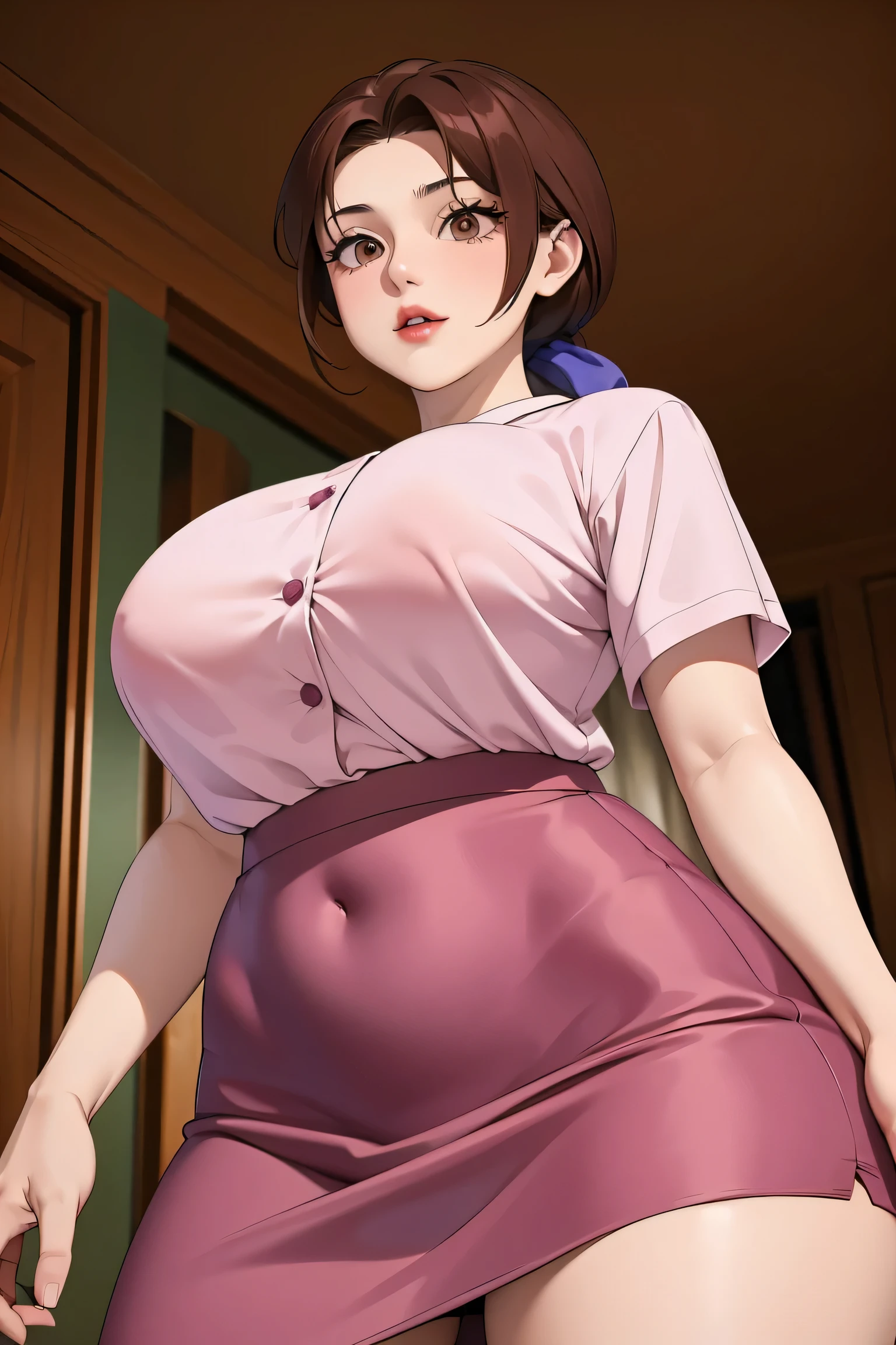 Sexy girl with big breasts and brown eyes and hair tied in a brown ponytail. She dresses in a pink button-down blouse and shows her navel from below. She wears a violet skirt and wears a black sneaker.