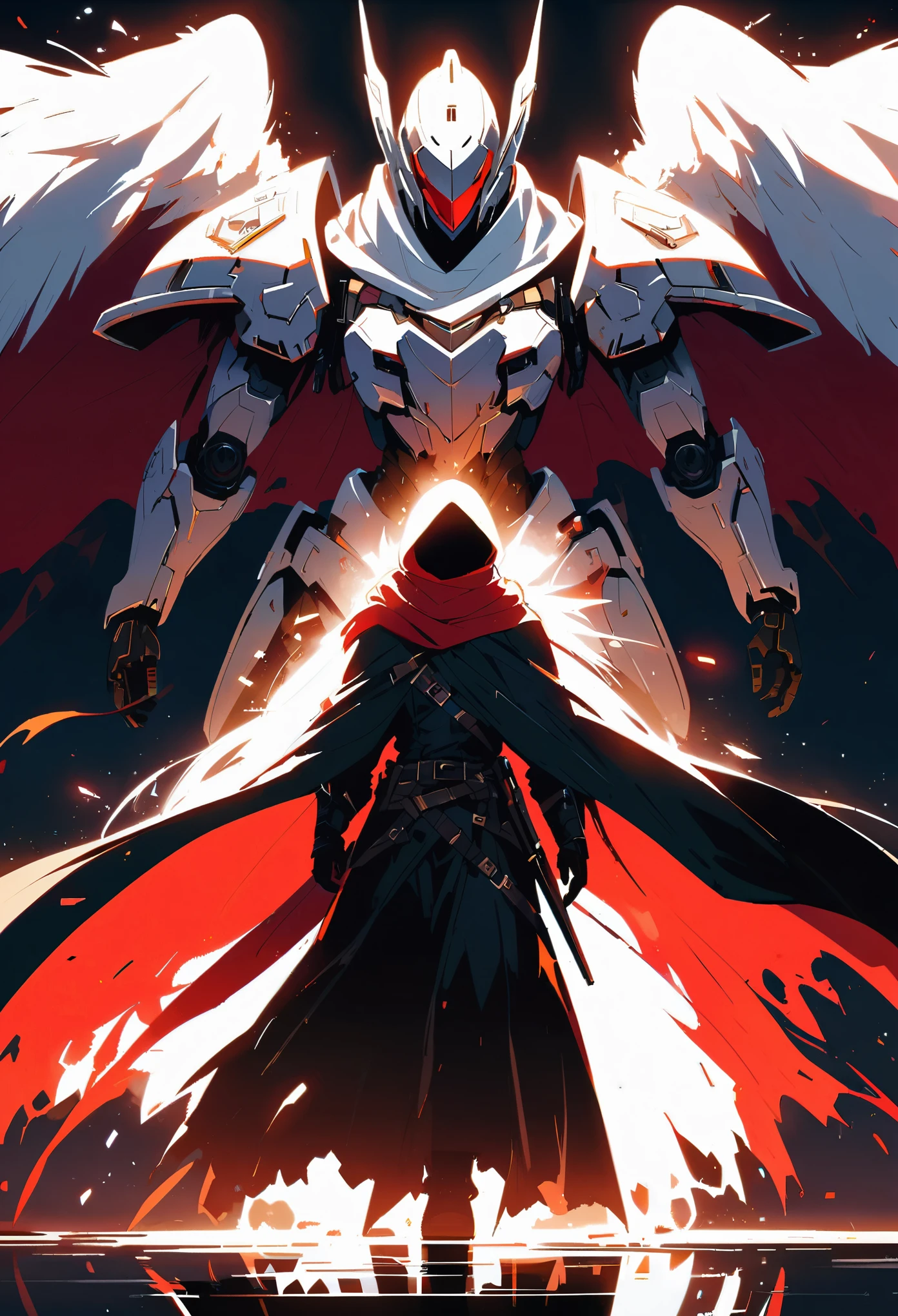 actual,shining,reflective,bioluminescence, Galactic Cybernetic Mask,Mecha,(assassin:1.2),((((scarf,long cloak)))),s4g0d,glowing runes_Red,whole body,cinematic,dark background,backlight,high contrast,
