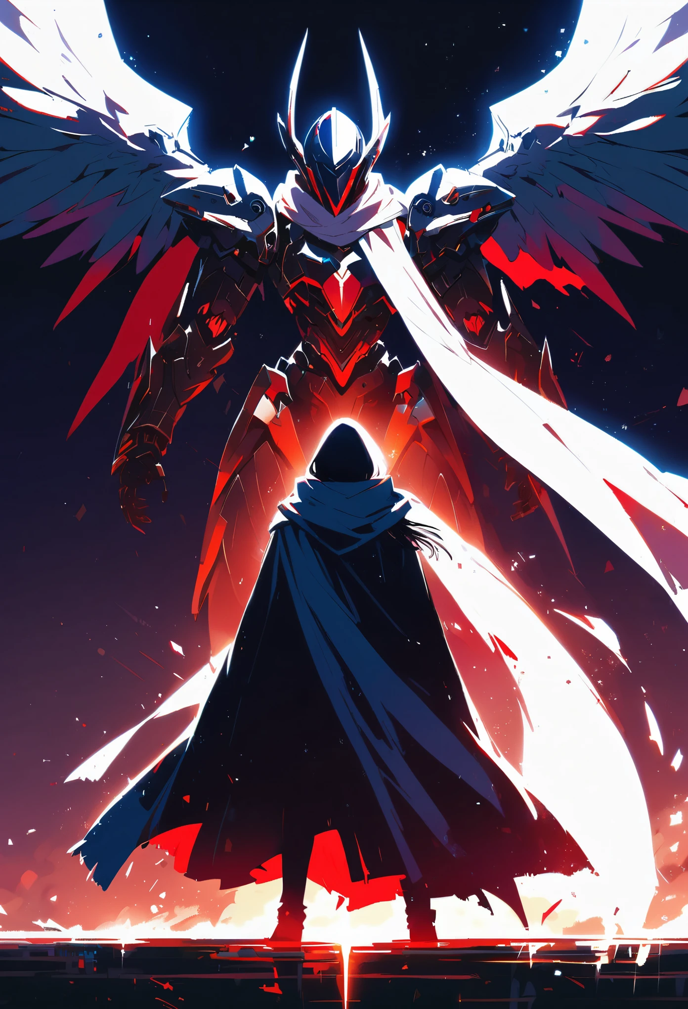 actual,shining,reflective,bioluminescence, Galactic Cybernetic Mask,Mecha,(assassin:1.2),((((scarf,long cloak)))),s4g0d,glowing runes_Red,whole body,cinematic,dark background,backlight,high contrast,
