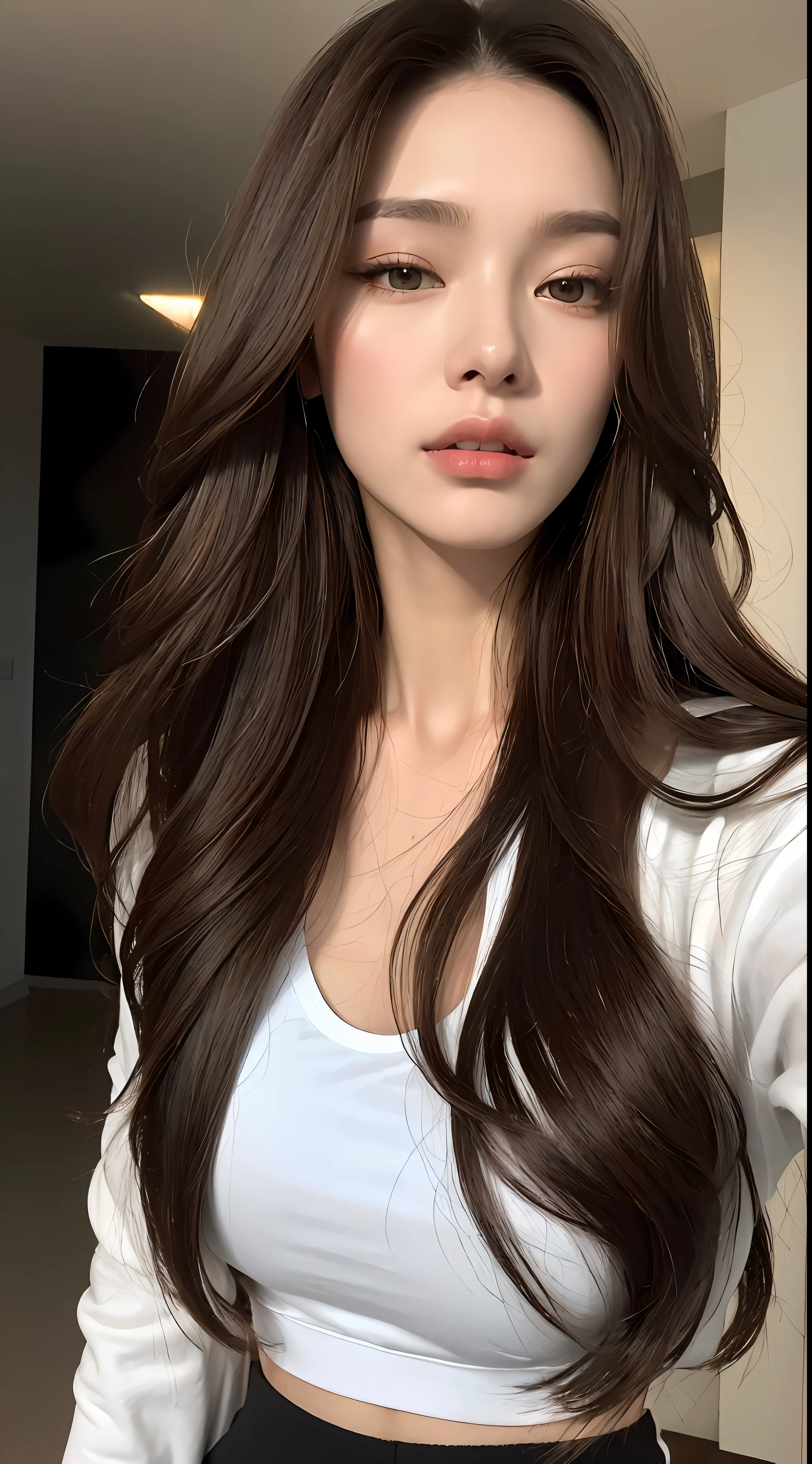 (Best Quality, High Resolution, Masterpiece: 1.3), A tall and beautiful woman, slender abs, dark brown hair, loose wavy shape, breasts, white T-shirt covered by open black varsity jacket, sweatpants, evening, details of face and skin texture beautifully presented, detailed eyes, double eyelids