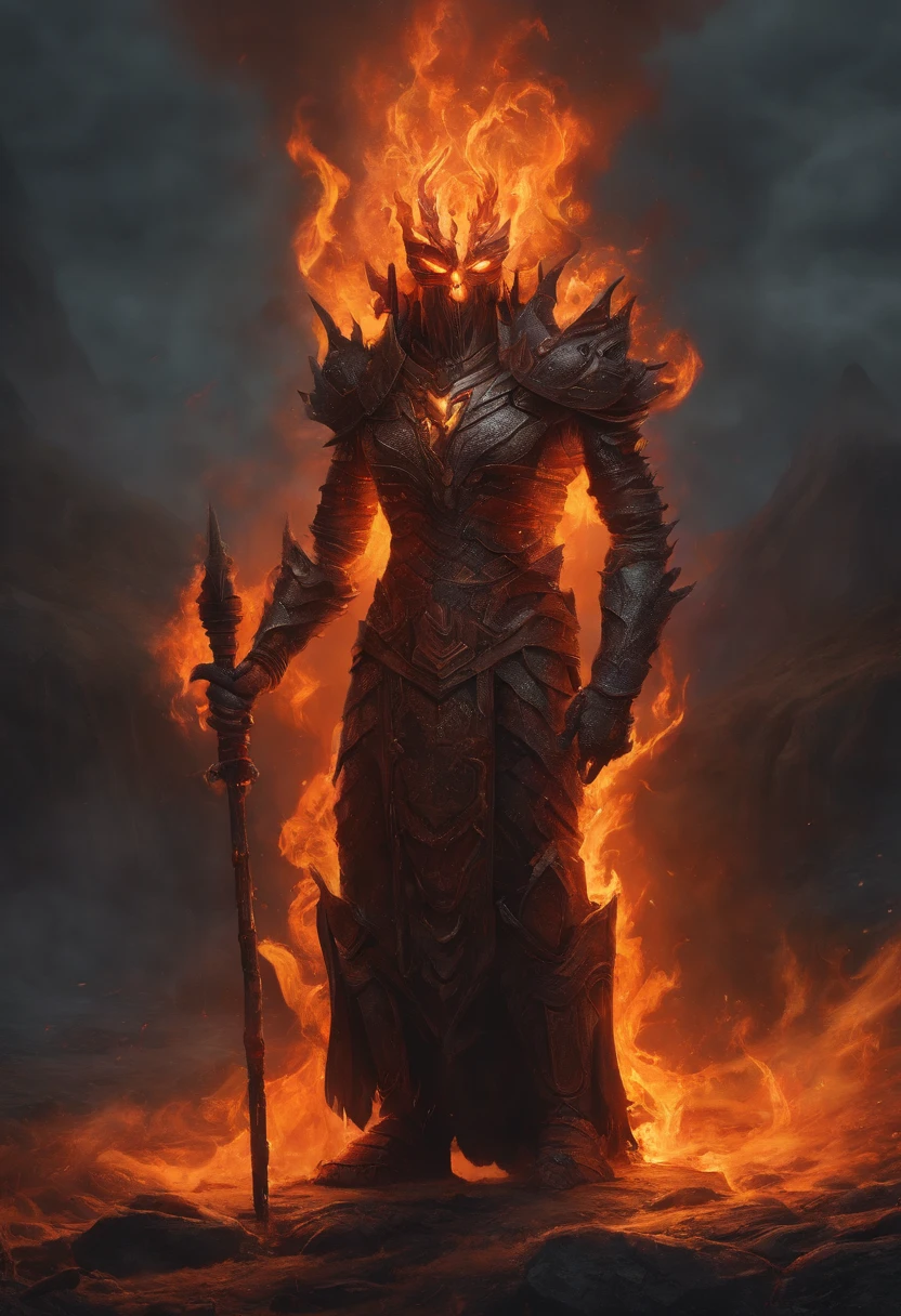 a painting of a fire elemental with a staff standing in a lava field, concept art inspired by Dan Mumford, Artstation contest winner, fantasy art, lava and fire goddess, fire elemental, appears as the fire goddess, dan mumford and alex grey style, epic fantasy art style hd, fire goddess, epic fantasy digital art style, epic fantasy art style, fractal thunder dan mumford