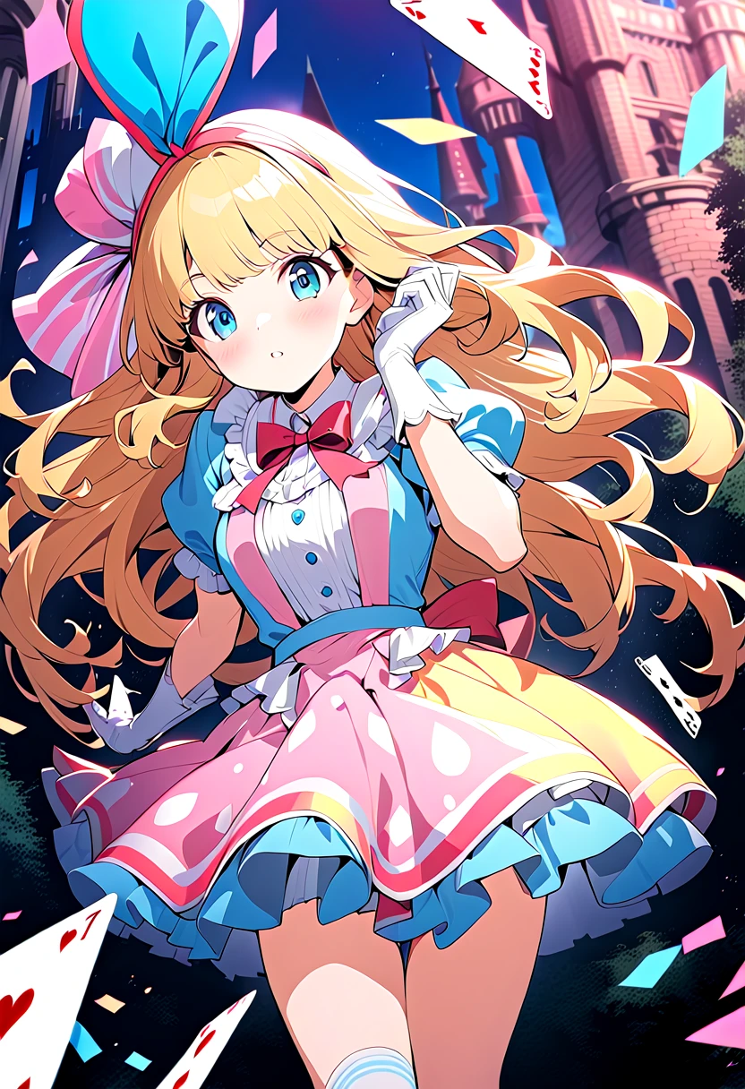masterpiece, best quality, beautiful detailed eyes, ultra-detailed, finely detail, highres, perfect anatomy, colorful, (pastel colors), (1girl), solo, retro style, (background 1980s city pop style art), (1980s anime), city pop anime, (vivid colors), (background kawaii colorful pop style), Kyoto Animation, ((Alice in Wonderland costume)), (cards are flying), (background beautiful castle), (floating in the air), blonde hair, background forest, ribbon