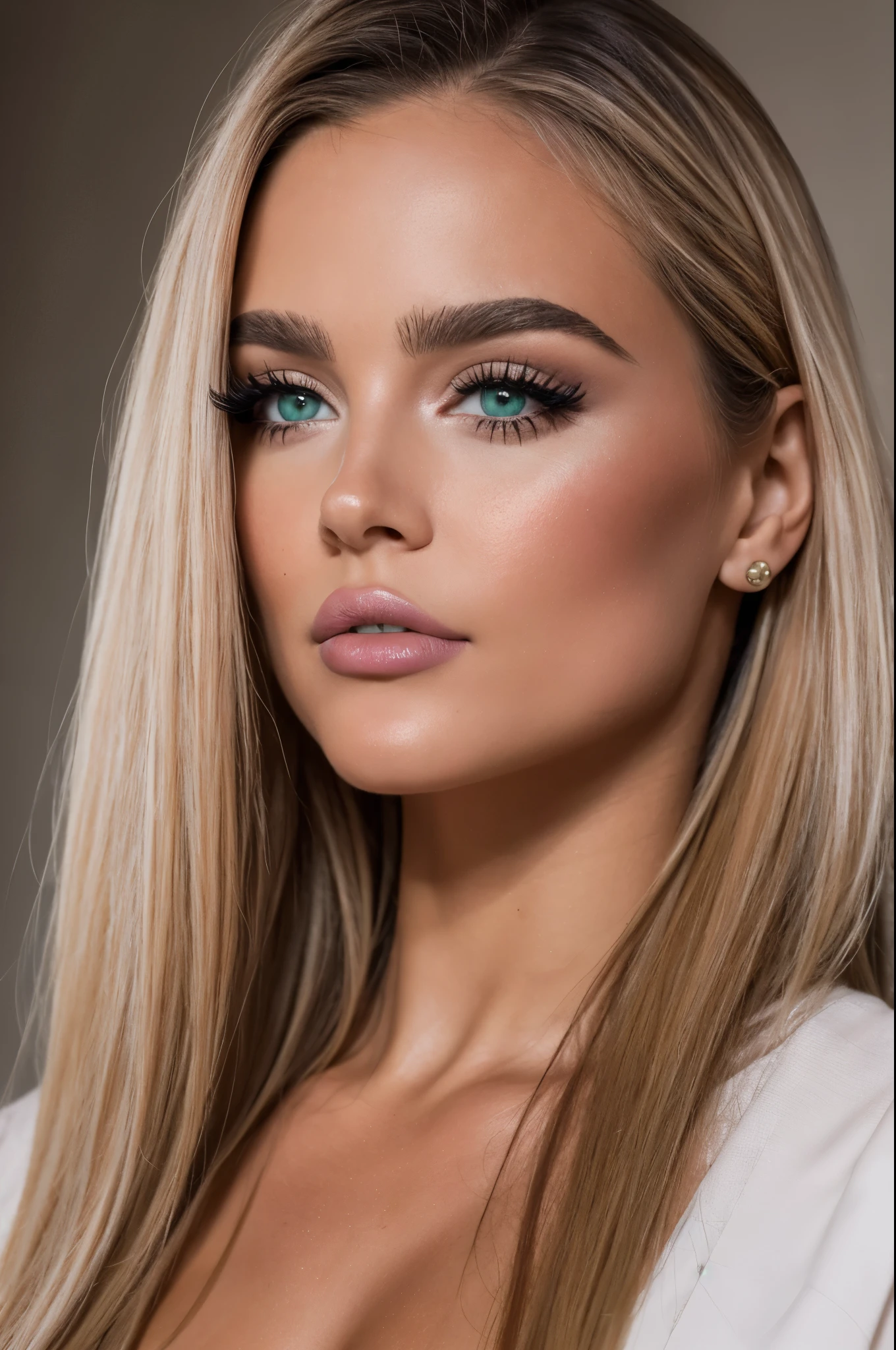 Este retrato representa a una mujer joven con, pelos marrones superpuestos. She is wearing a light-colored blouse and has her lips painted with bright pink lipstick....... Her emerald green eyes are framed by dark eyeliner and mascara.., while her eyebrows have been groomed to perfection. The woman looks directly at the camera with an intense gaze., toma de fotos frontal, como si se estuviera tomando una selfie. Su cuello y garganta son visibles en la foto., adding to the overall effect of this stunning portrait. El fondo de la imagen es blanco., allowing all attention to focus on the subject of this photograph: the beautiful young woman who seems confident and composed despite having been captured on film.. This photo could easily be used for fashion or beauty magazines due to its high-quality composition and lighting that perfectly highlights every detail of her face...,toma de fotos frontal