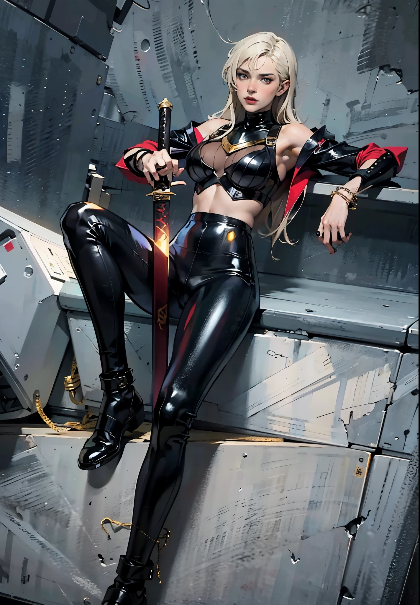 A beautiful woman with long shiny black hair, choppy bangs, a delicate face, a cold proud gaze, a fit figure, a fantasy-style high-necked leather breastplate top, sleeveless, exposes her waist, a bracelet adorns her wrist, tight-fitting leather pants, her right hand holds a longsword with a blue scabbard, she lounges casually sitting, this character embodies a finely crafted fantasy-style bounty hunter in anime style, exquisite and mature manga art style, high definition, best quality, highres, ultra-detailed, ultra-fine painting, extremely delicate, professional, anatomically correct, symmetrical face, extremely detailed eyes and face, high quality eyes, creativity, RAW photo, UHD, 32k, Natural light, cinematic lighting, masterpiece-anatomy-perfect, masterpiece:1.5