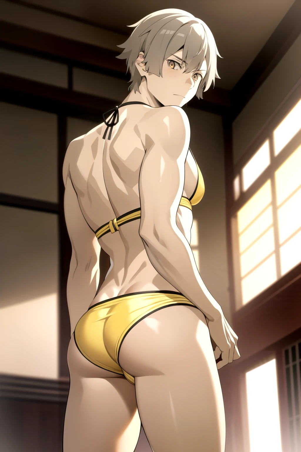 masterpiece, best quality, high quality, 1boy, solo, male focus, looking at viewer, nakajima_atsushi, grey hair, (yellow bikini: 1.2), Taisho era, rear view, shows ass, butt